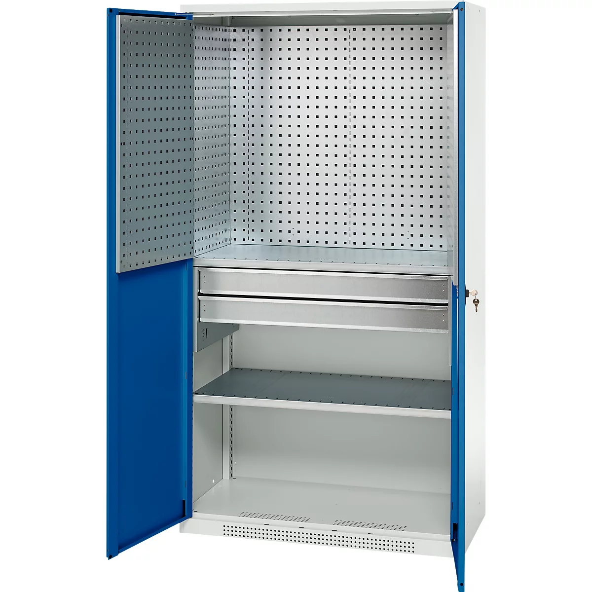 Schäfer Shop Genius materiaalkast FS, 5 OH, afsluitbaar, geperforeerde roosterwanden/2 laden/2 legborden, tot 450 kg, B 1055 x D 520 x H 1950 mm, lichtgrijs/enzianblauw + gratis inzetbakset-24 st.