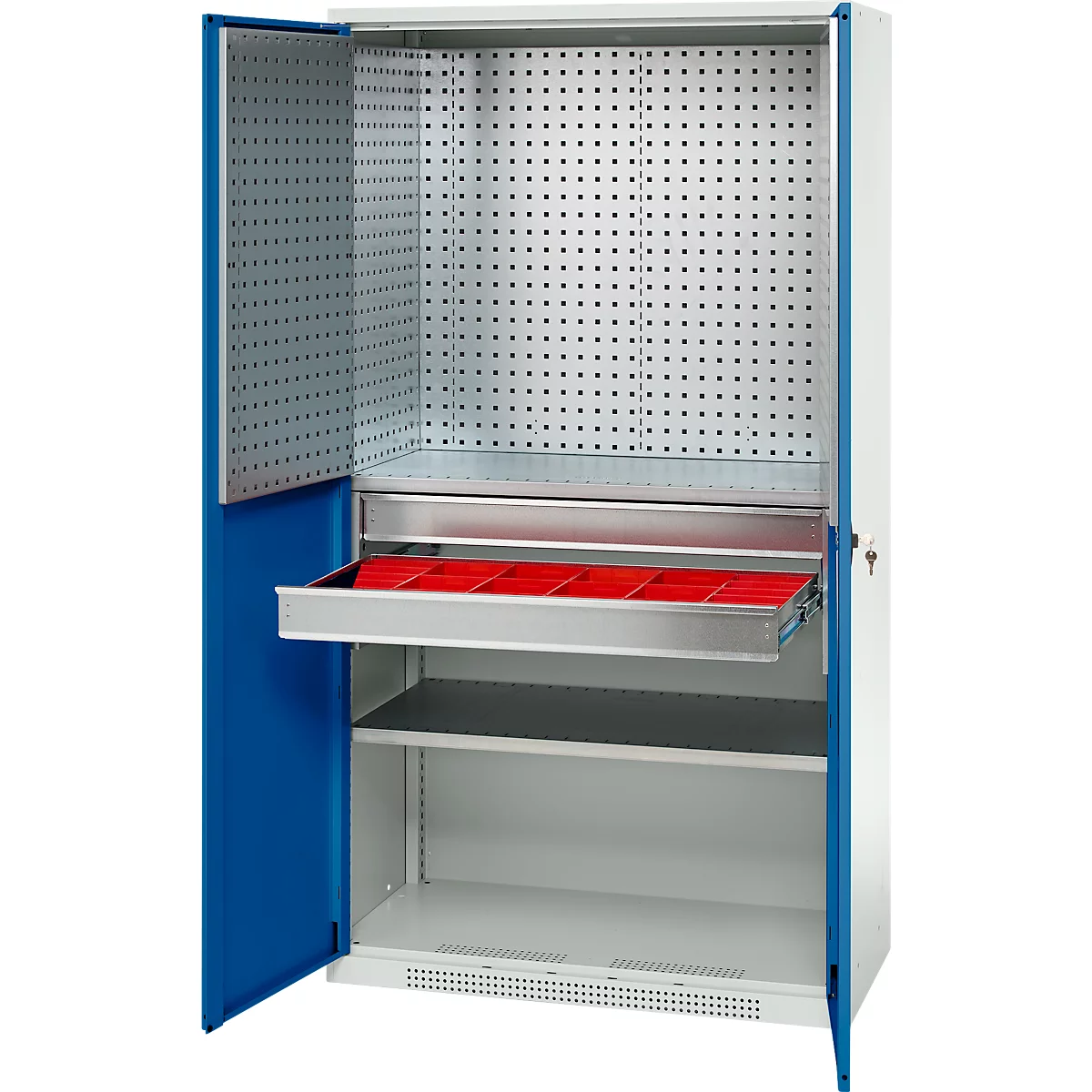Schäfer Shop Genius materiaalkast FS, 5 OH, afsluitbaar, geperforeerde roosterwanden/2 laden/2 legborden, tot 450 kg, B 1055 x D 520 x H 1950 mm, lichtgrijs/enzianblauw + gratis inzetbakset-24 st.