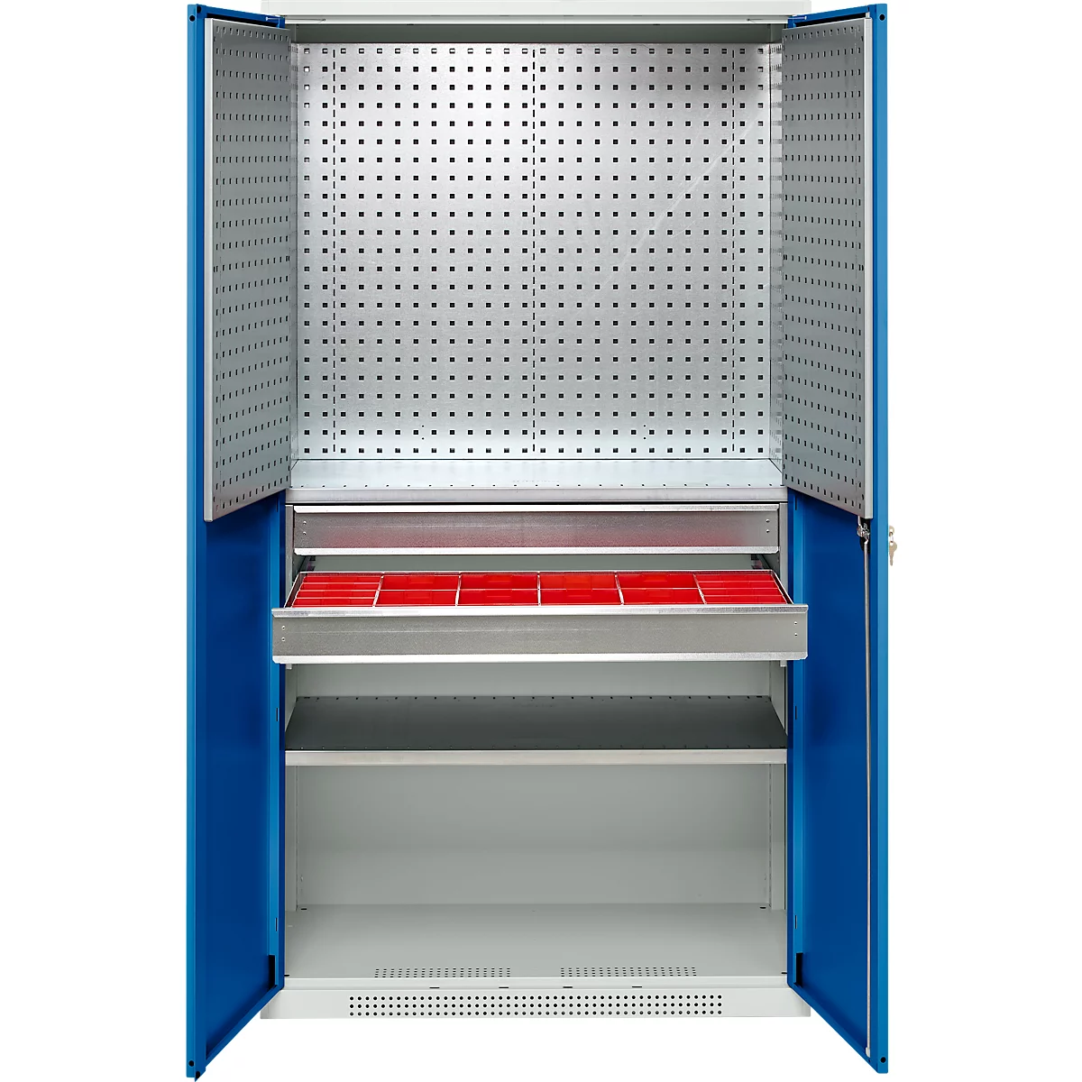 Schäfer Shop Genius materiaalkast FS, 5 OH, afsluitbaar, geperforeerde roosterwanden/2 laden/2 legborden, tot 450 kg, B 1055 x D 520 x H 1950 mm, lichtgrijs/enzianblauw + gratis inzetbakset-24 st.