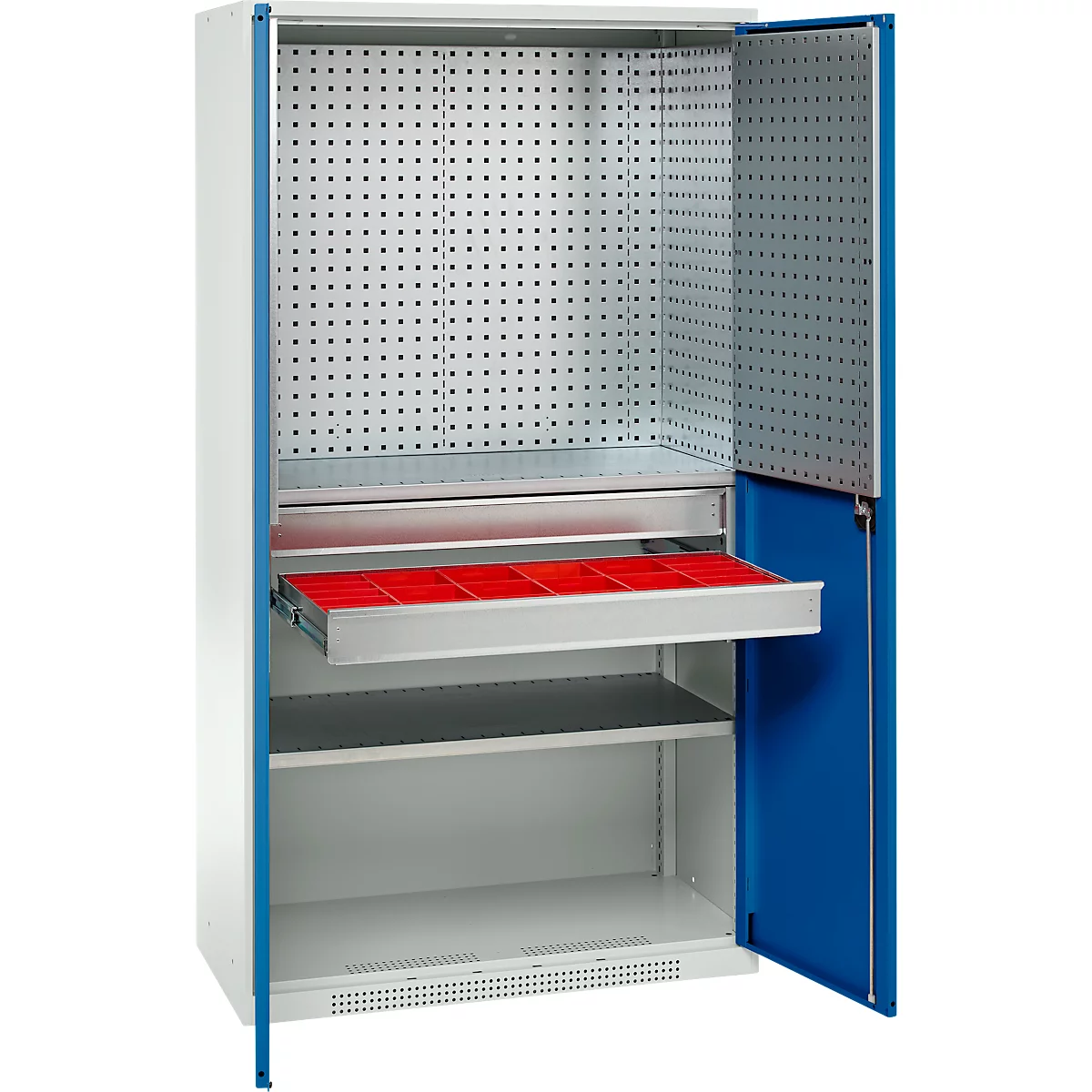 Schäfer Shop Genius materiaalkast FS, 5 OH, afsluitbaar, geperforeerde roosterwanden/2 laden/2 legborden, tot 450 kg, B 1055 x D 520 x H 1950 mm, lichtgrijs/enzianblauw + gratis inzetbakset-24 st.