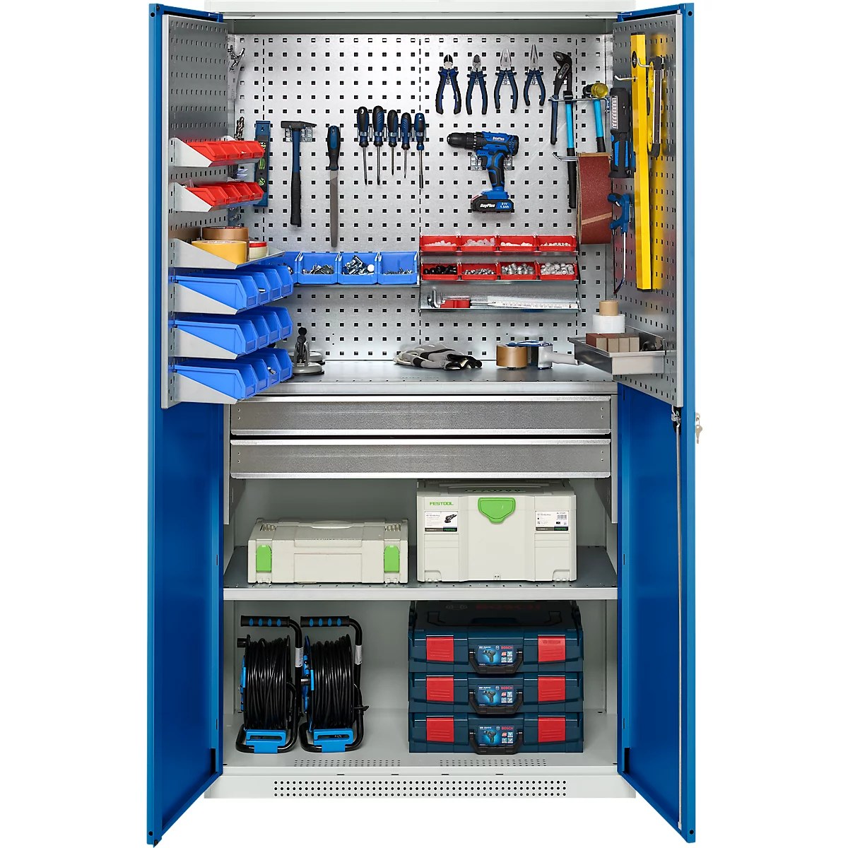 Schäfer Shop Genius materiaalkast FS, 5 OH, afsluitbaar, geperforeerde roosterwanden/2 laden/2 legborden, tot 450 kg, B 1055 x D 520 x H 1950 mm, lichtgrijs/enzianblauw + gratis inzetbakset-24 st.