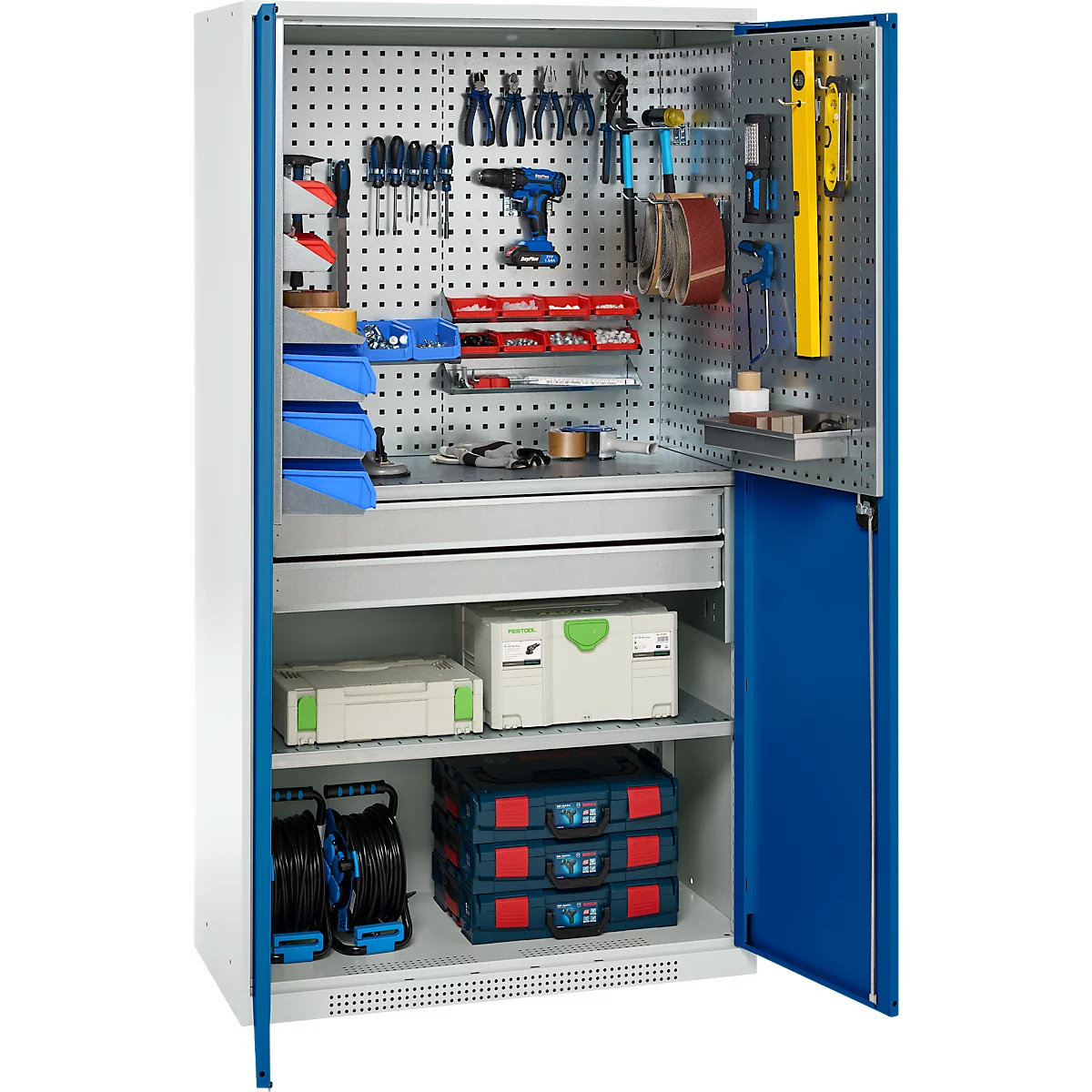 Schäfer Shop Genius materiaalkast FS, 5 OH, afsluitbaar, geperforeerde roosterwanden/2 laden/2 legborden, tot 450 kg, B 1055 x D 520 x H 1950 mm, lichtgrijs/enzianblauw + gratis inzetbakset-24 st.