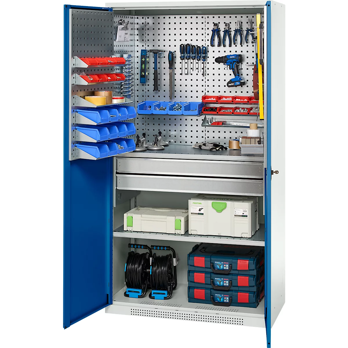 Schäfer Shop Genius materiaalkast FS, 5 OH, afsluitbaar, geperforeerde roosterwanden/2 laden/2 legborden, tot 450 kg, B 1055 x D 520 x H 1950 mm, lichtgrijs/enzianblauw + gratis inzetbakset-24 st.