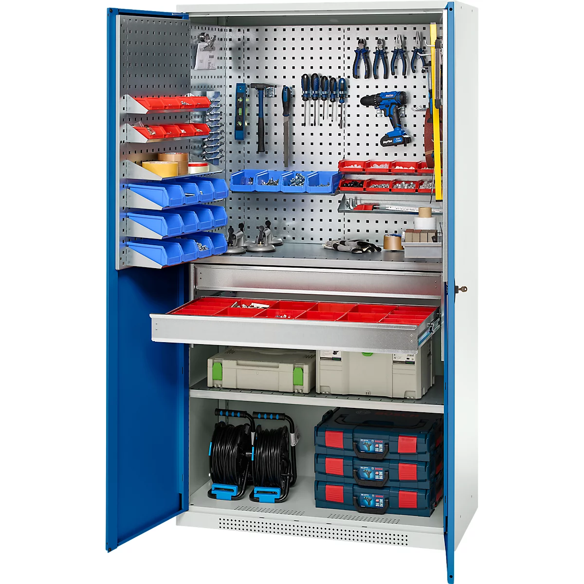 Schäfer Shop Genius materiaalkast FS, 5 OH, afsluitbaar, geperforeerde roosterwanden/2 laden/2 legborden, tot 450 kg, B 1055 x D 520 x H 1950 mm, lichtgrijs/enzianblauw + gratis inzetbakset-24 st.