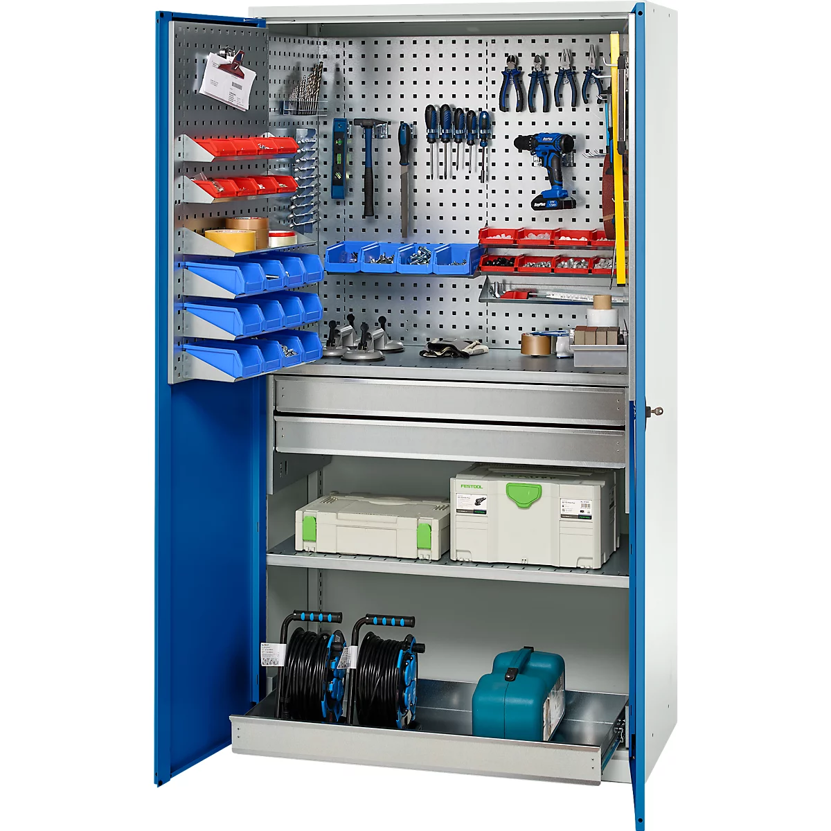 Schäfer Shop Genius materiaalkast FS, 5 OH, afsluitbaar, geperforeerde roosterwanden/2 laden/2 legborden, tot 450 kg, B 1055 x D 520 x H 1950 mm, lichtgrijs/enzianblauw + gratis inzetbakset-24 st.