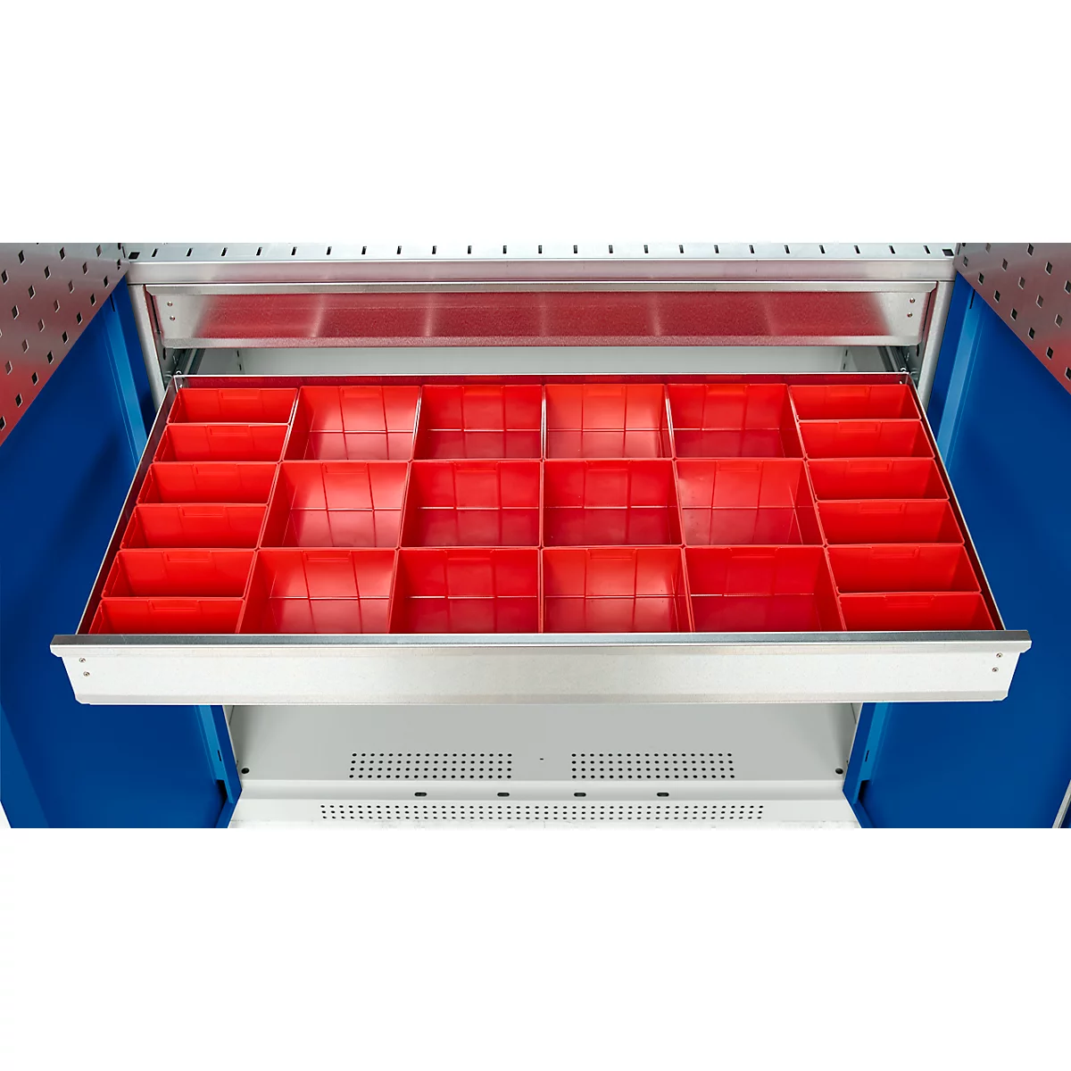 Schäfer Shop Genius materiaalkast FS, 5 OH, afsluitbaar, geperforeerde roosterwanden/2 laden/2 legborden, tot 450 kg, B 1055 x D 520 x H 1950 mm, lichtgrijs/enzianblauw + gratis inzetbakset-24 st.