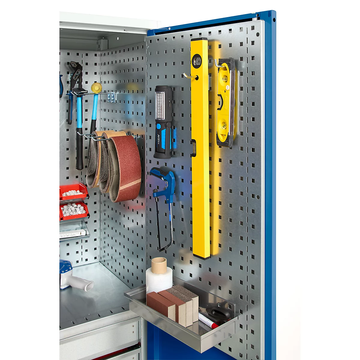 Schäfer Shop Genius materiaalkast FS, 5 OH, afsluitbaar, geperforeerde roosterwanden/2 laden/2 legborden, tot 450 kg, B 1055 x D 520 x H 1950 mm, lichtgrijs/enzianblauw + gratis inzetbakset-24 st.