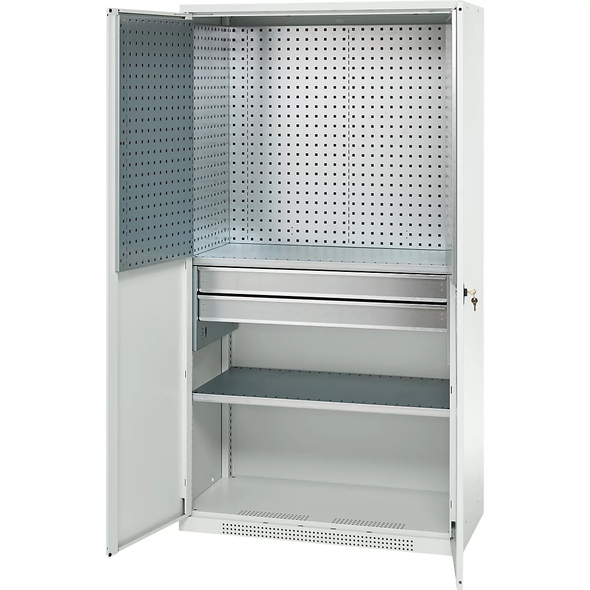 Schäfer Shop Genius materiaalkast FS, 5 OH, afsluitbaar, geperforeerde roosterwanden/2 laden/2 legborden, tot 450 kg, B 1055 x D 520 x H 1950 mm, lichtgrijs/lichtgrijs + gratis inzetbakset-24 st.