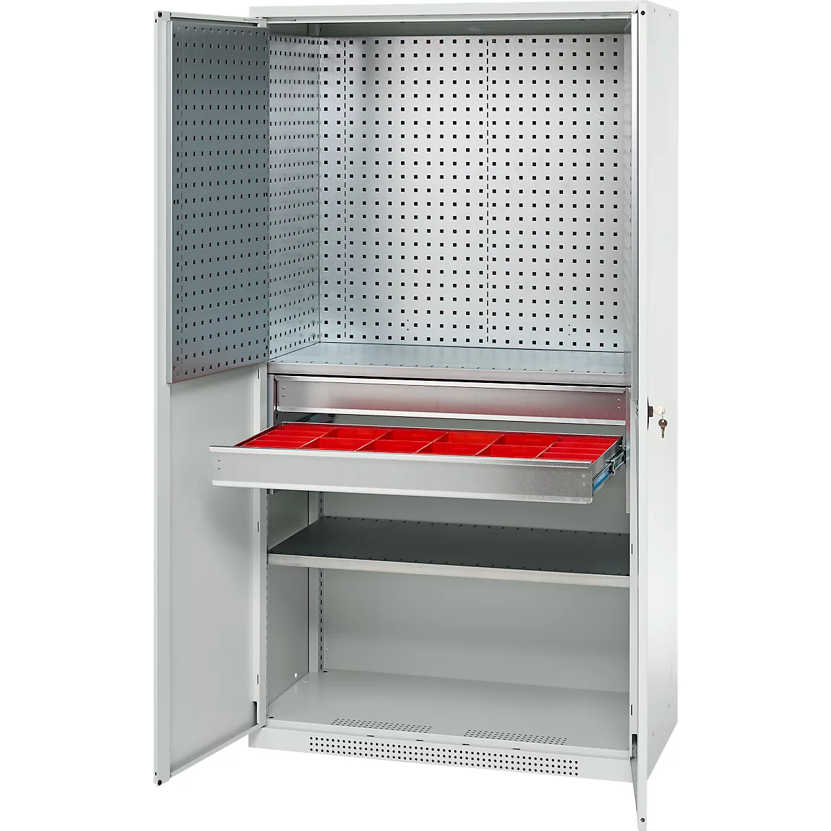 Schäfer Shop Genius materiaalkast FS, 5 OH, afsluitbaar, geperforeerde roosterwanden/2 laden/2 legborden, tot 450 kg, B 1055 x D 520 x H 1950 mm, lichtgrijs/lichtgrijs + gratis inzetbakset-24 st.