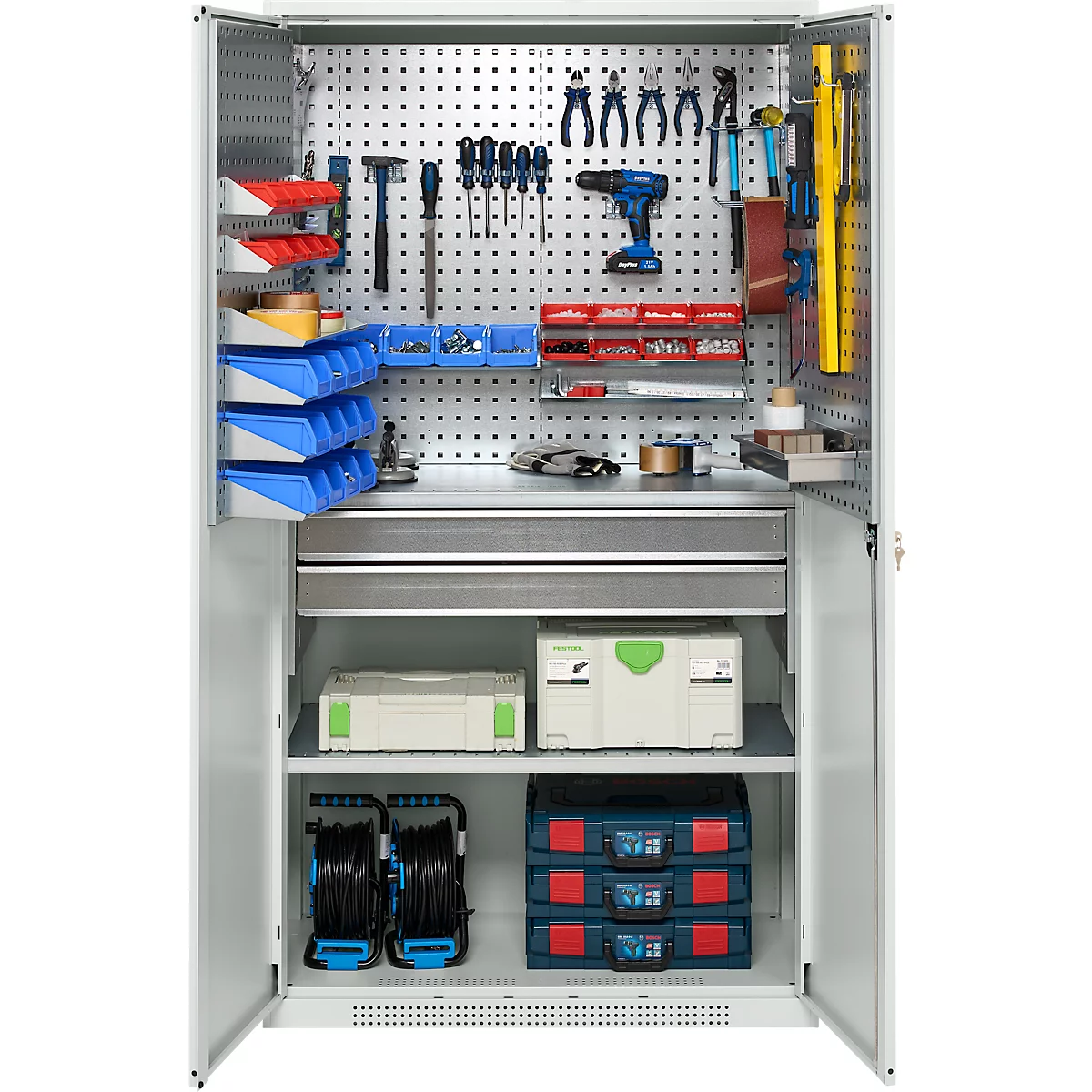 Schäfer Shop Genius materiaalkast FS, 5 OH, afsluitbaar, geperforeerde roosterwanden/2 laden/2 legborden, tot 450 kg, B 1055 x D 520 x H 1950 mm, lichtgrijs/lichtgrijs + gratis inzetbakset-24 st.