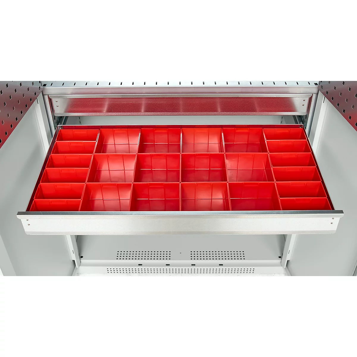 Schäfer Shop Genius materiaalkast FS, 5 OH, afsluitbaar, geperforeerde roosterwanden/2 laden/2 legborden, tot 450 kg, B 1055 x D 520 x H 1950 mm, lichtgrijs/lichtgrijs + gratis inzetbakset-24 st.