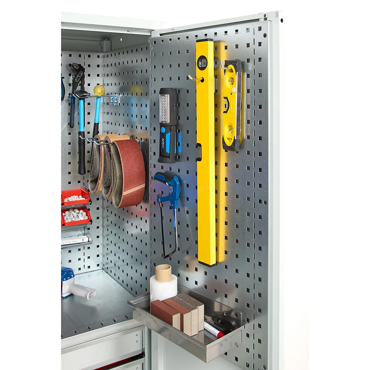 Schäfer Shop Genius materiaalkast FS, 5 OH, afsluitbaar, geperforeerde roosterwanden/2 laden/2 legborden, tot 450 kg, B 1055 x D 520 x H 1950 mm, lichtgrijs/lichtgrijs + gratis inzetbakset-24 st.