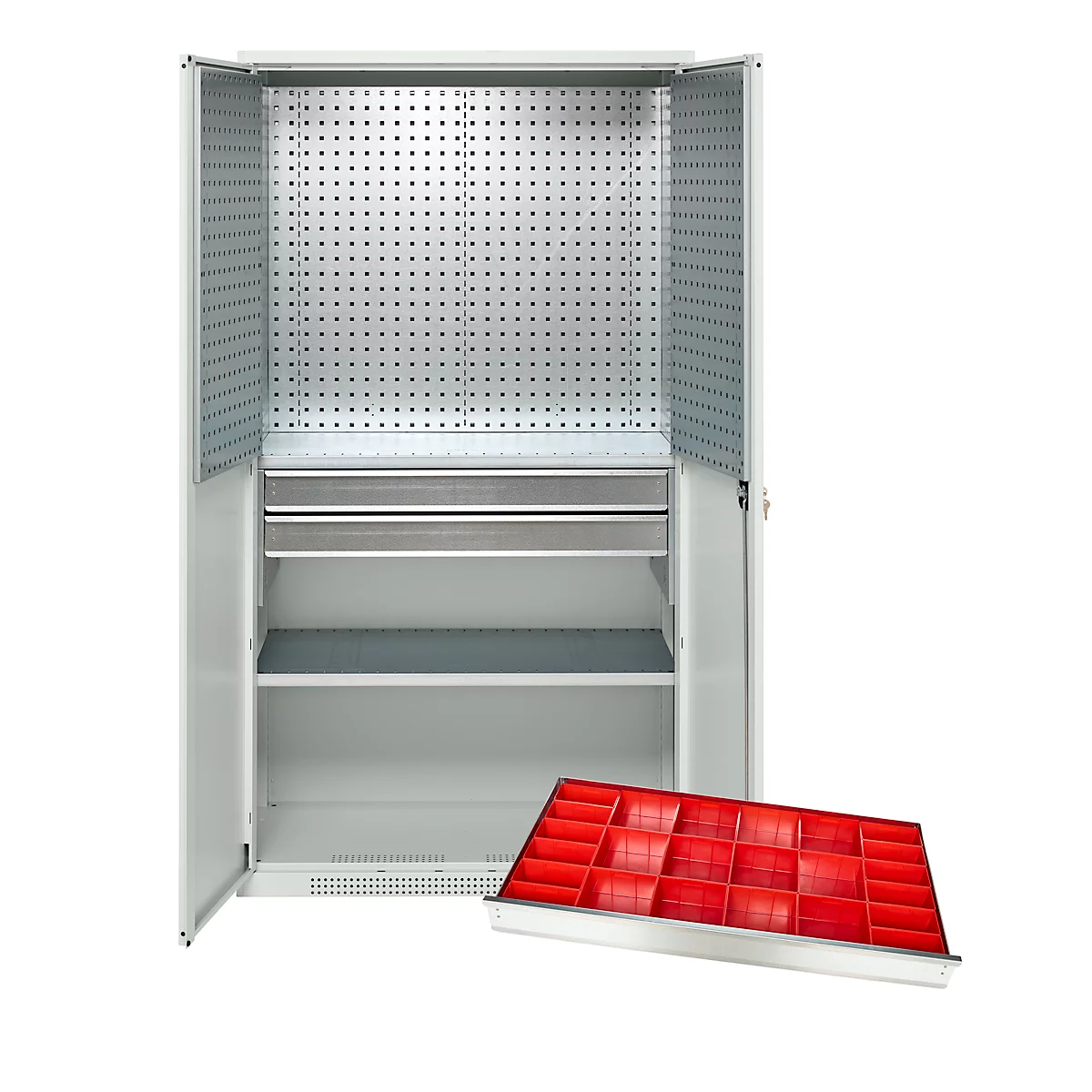 Schäfer Shop Genius materiaalkast FS, 5 OH, afsluitbaar, geperforeerde roosterwanden/2 laden/2 legborden, tot 450 kg, B 1055 x D 520 x H 1950 mm, lichtgrijs/lichtgrijs + gratis inzetbakset-24 st.