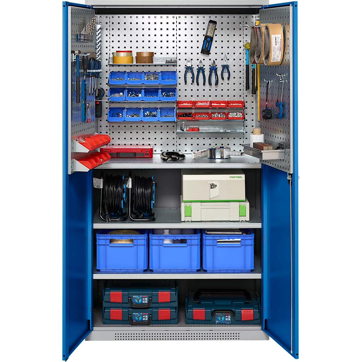 Schäfer Shop Genius materiaalkast FS, 5 OH, afsluitbaar, geperforeerde roosterwanden/3 legborden, tot 450 kg, B 1055 x D 520 x H 1950 mm, aluminium wit/ gentiaanblauw