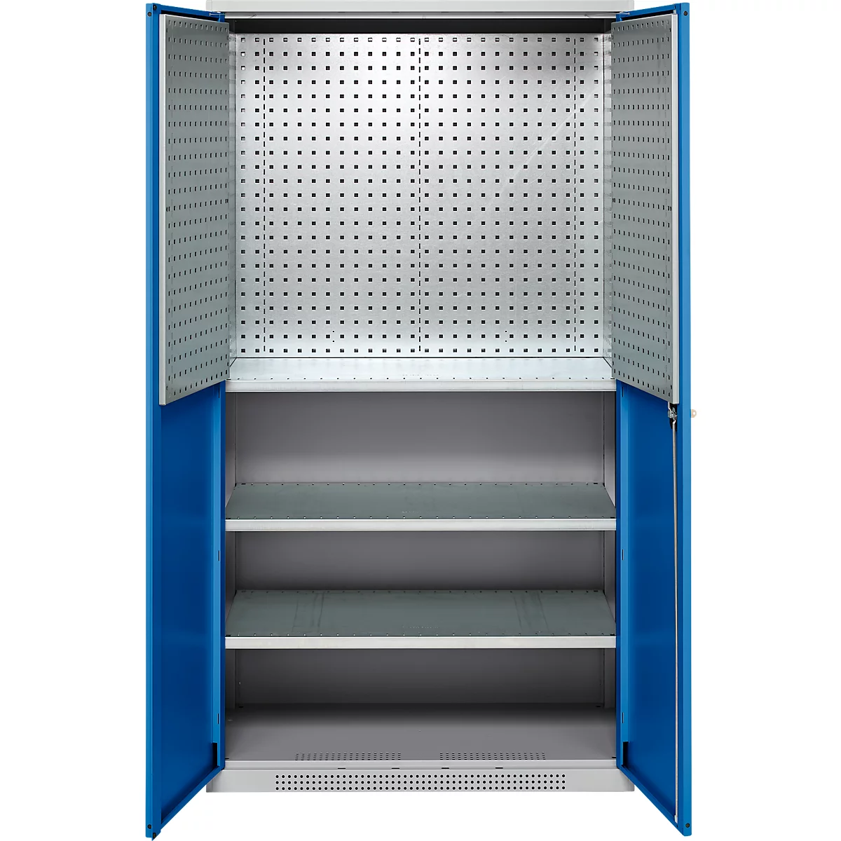 Schäfer Shop Genius materiaalkast FS, 5 OH, afsluitbaar, geperforeerde roosterwanden/3 legborden, tot 450 kg, B 1055 x D 520 x H 1950 mm, aluminium wit/ gentiaanblauw
