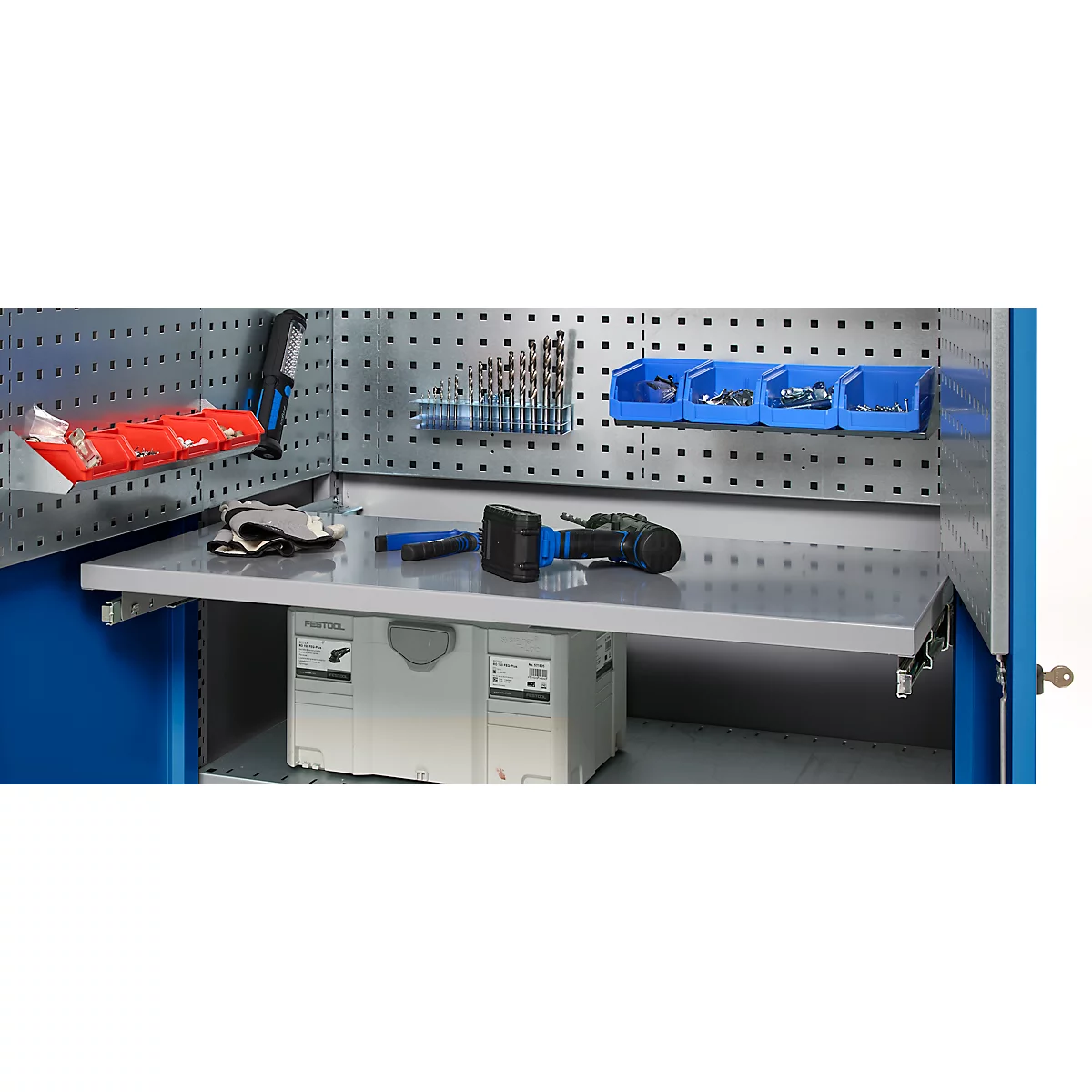 Schäfer Shop Genius materiaalkast FS, 5 OH, afsluitbaar, geperforeerde roosterwanden/3 legborden, tot 450 kg, B 1055 x D 520 x H 1950 mm, aluminium wit/ gentiaanblauw
