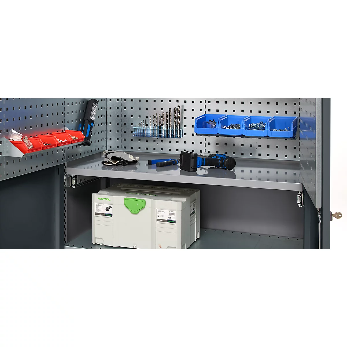 Schäfer Shop Genius materiaalkast FS, 5 OH, afsluitbaar, geperforeerde roosterwanden/3 legborden, tot 450 kg, B 1055 x D 520 x H 1950 mm, blank aluminium/antracietgrijs