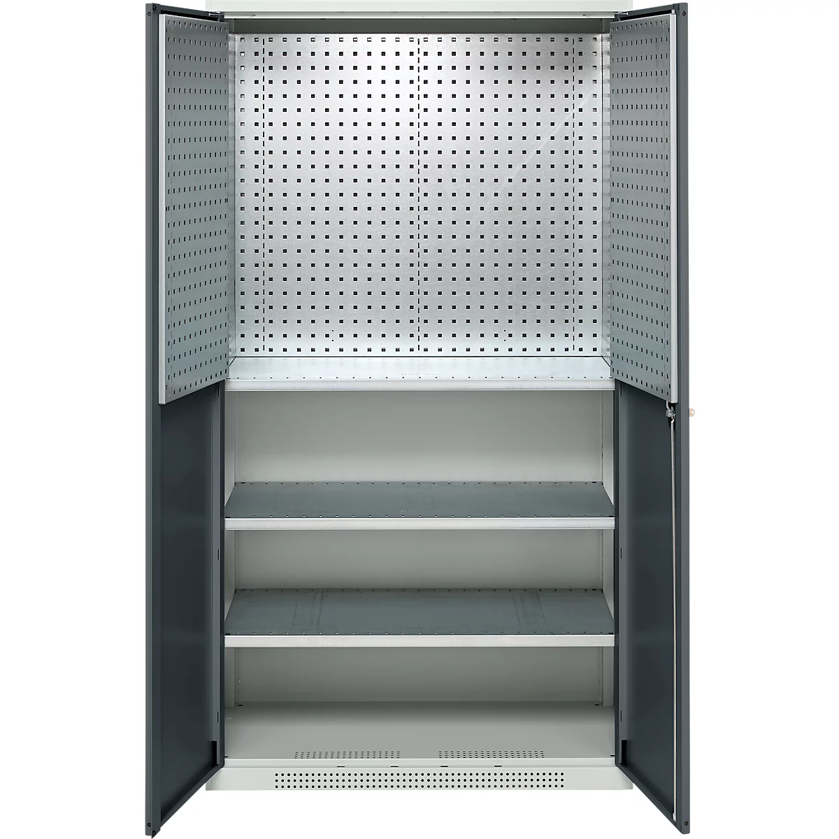 Schäfer Shop Genius materiaalkast FS, 5 OH, afsluitbaar, geperforeerde roosterwanden/3 legborden, tot 450 kg, B 1055 x D 520 x H 1950 mm, lichtgrijs/antracietgrijs