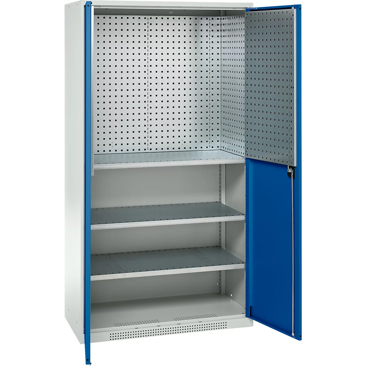 Schäfer Shop Genius materiaalkast FS, 5 OH, afsluitbaar, geperforeerde roosterwanden/3 legborden, tot 450 kg, B 1055 x D 520 x H 1950 mm, lichtgrijs/gentiaanblauw