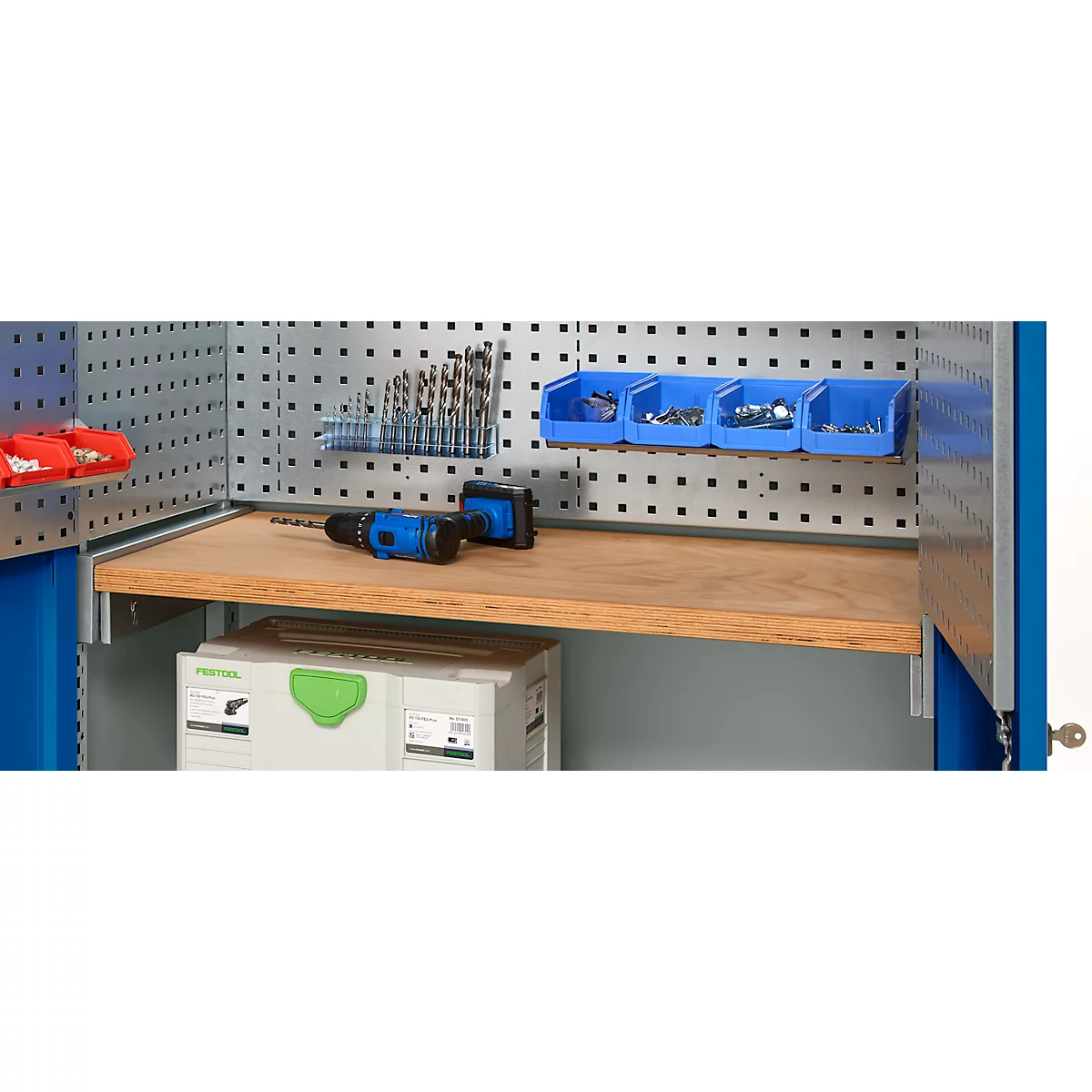 Schäfer Shop Genius materiaalkast FS, 5 OH, afsluitbaar, geperforeerde roosterwanden/3 legborden, tot 450 kg, B 1055 x D 520 x H 1950 mm, lichtgrijs/gentiaanblauw