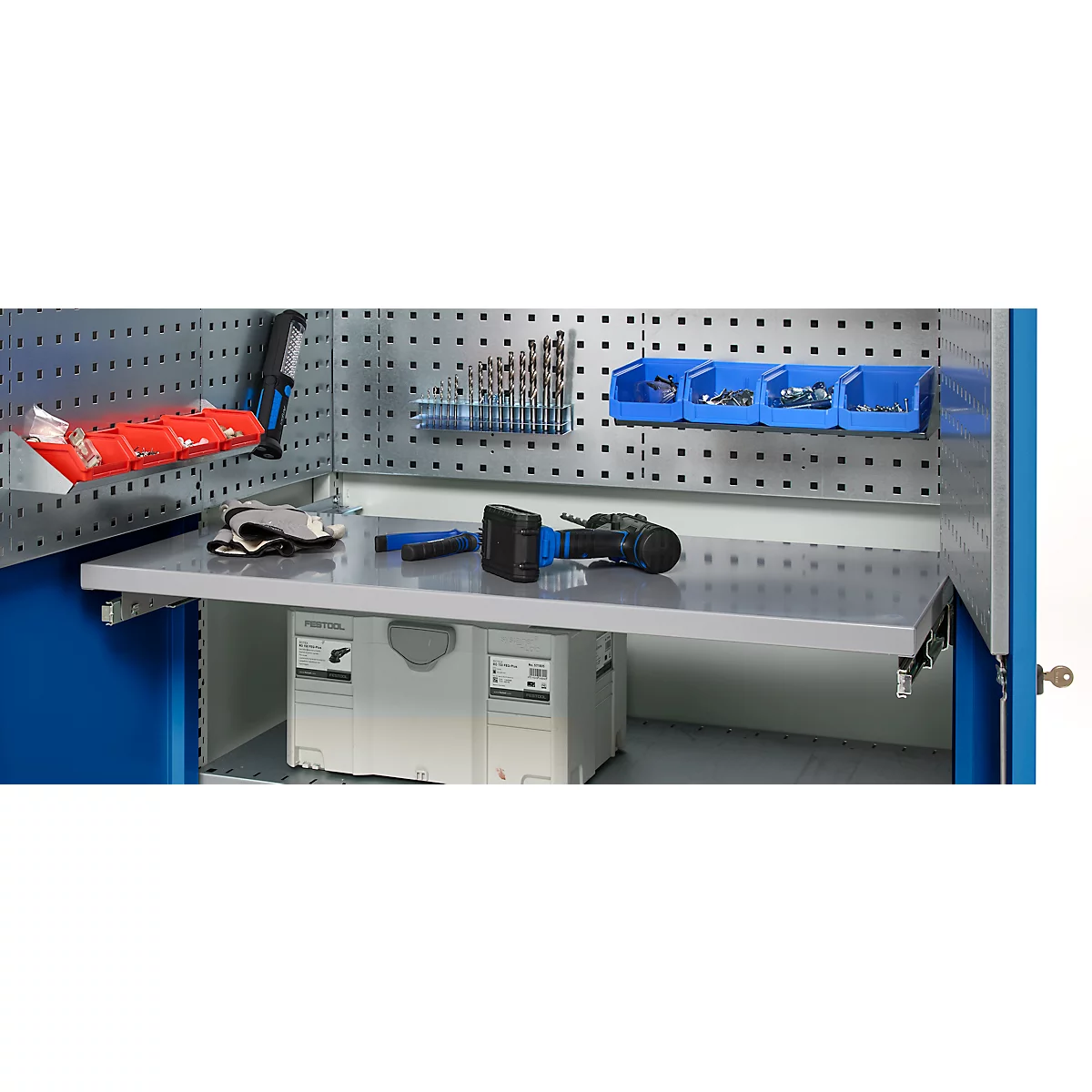 Schäfer Shop Genius materiaalkast FS, 5 OH, afsluitbaar, geperforeerde roosterwanden/3 legborden, tot 450 kg, B 1055 x D 520 x H 1950 mm, lichtgrijs/gentiaanblauw