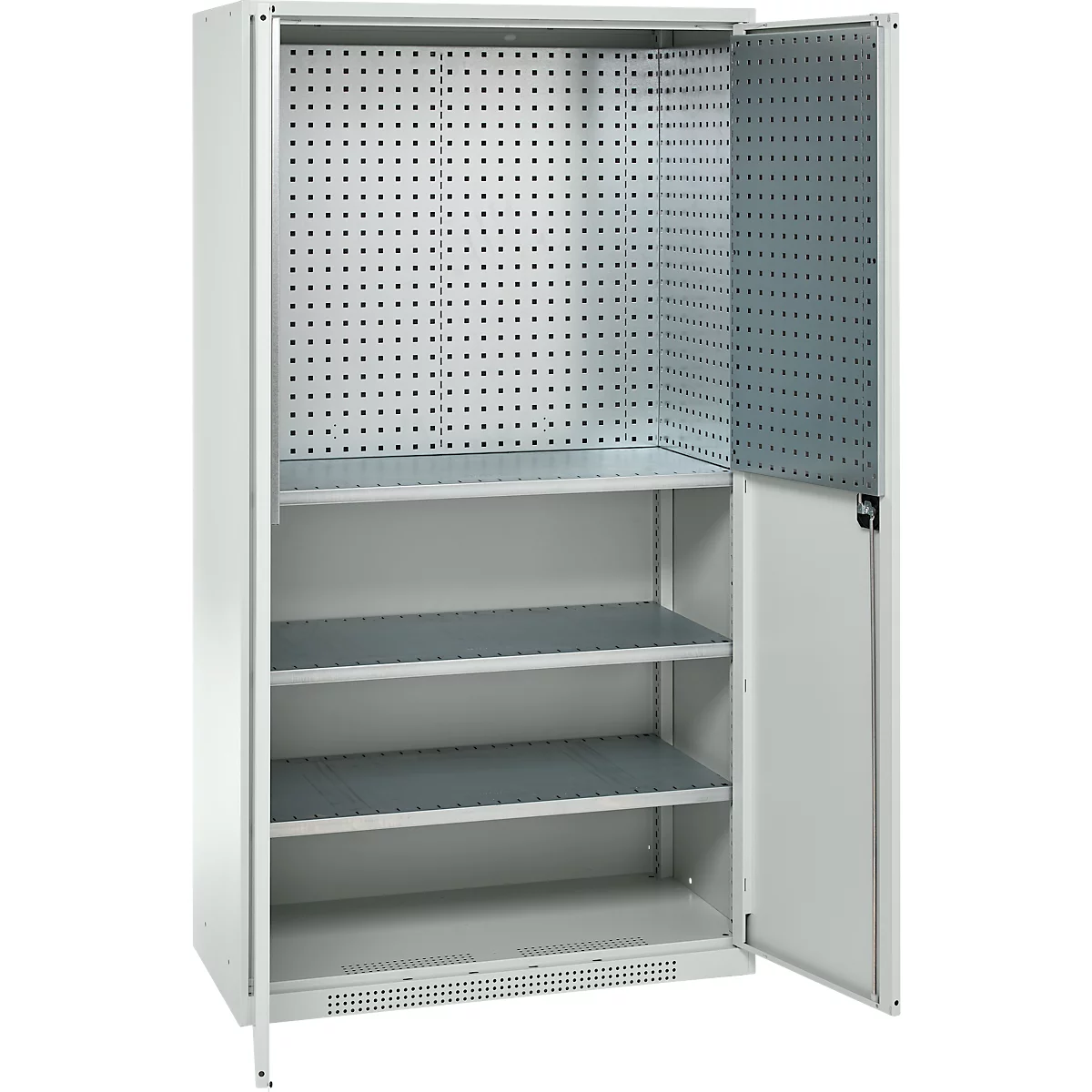 Schäfer Shop Genius materiaalkast FS, 5 OH, afsluitbaar, geperforeerde roosterwanden/3 legborden, tot 450 kg, B 1055 x D 520 x H 1950 mm, lichtgrijs/lichtgrijs
