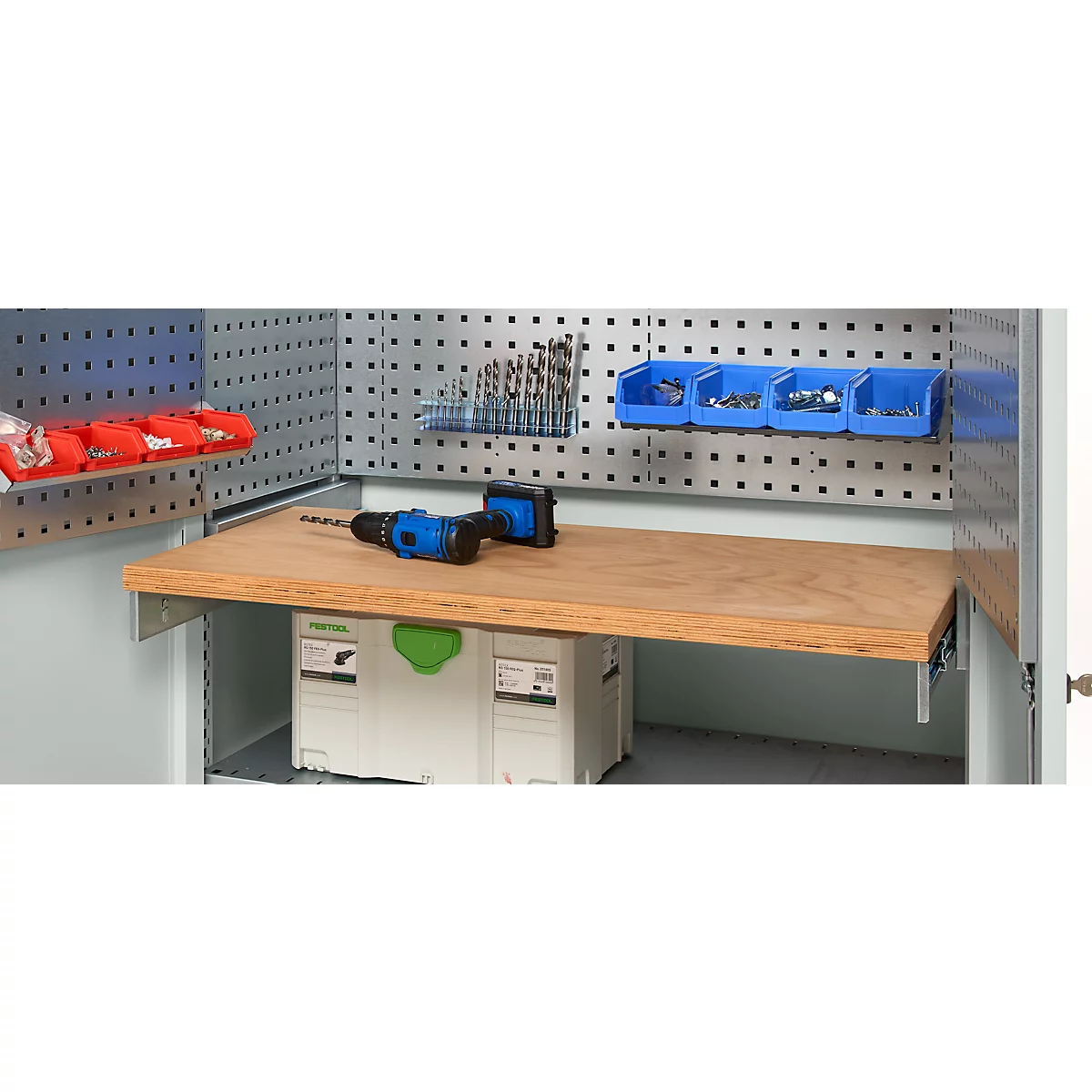 Schäfer Shop Genius materiaalkast FS, 5 OH, afsluitbaar, geperforeerde roosterwanden/3 legborden, tot 450 kg, B 1055 x D 520 x H 1950 mm, lichtgrijs/lichtgrijs