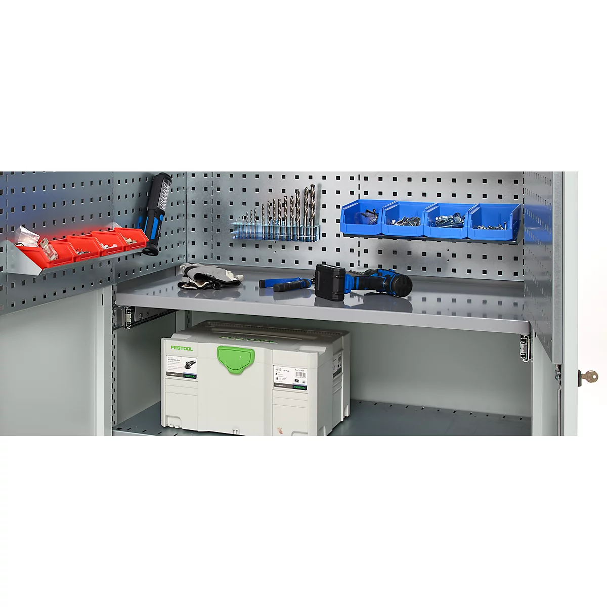 Schäfer Shop Genius materiaalkast FS, 5 OH, afsluitbaar, geperforeerde roosterwanden/3 legborden, tot 450 kg, B 1055 x D 520 x H 1950 mm, lichtgrijs/lichtgrijs