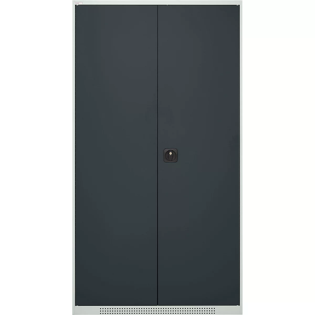 Grey double door, handle in the middle. There are small holes below the door row.