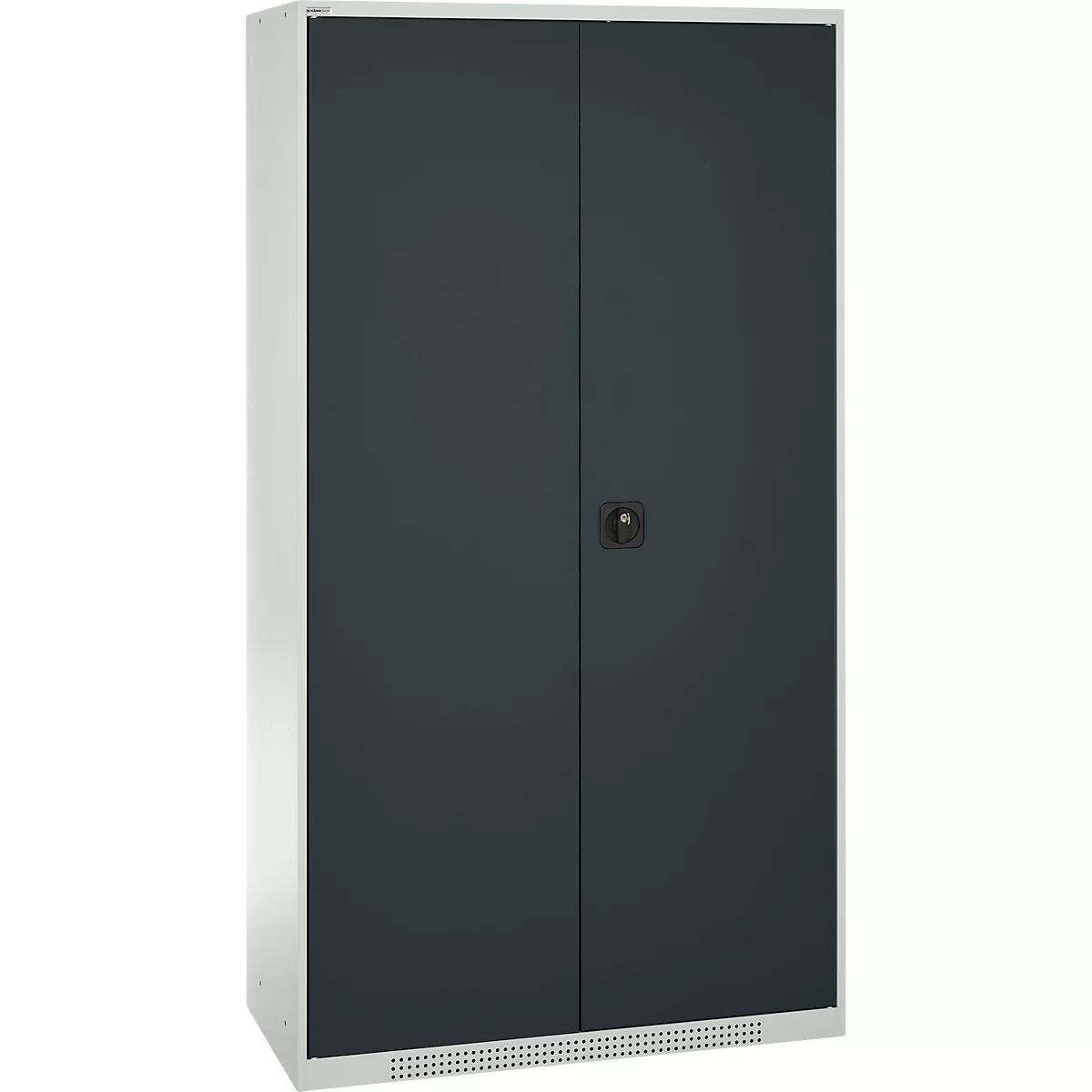 Gray cabinet with two doors, black handle and ventilation slots.
