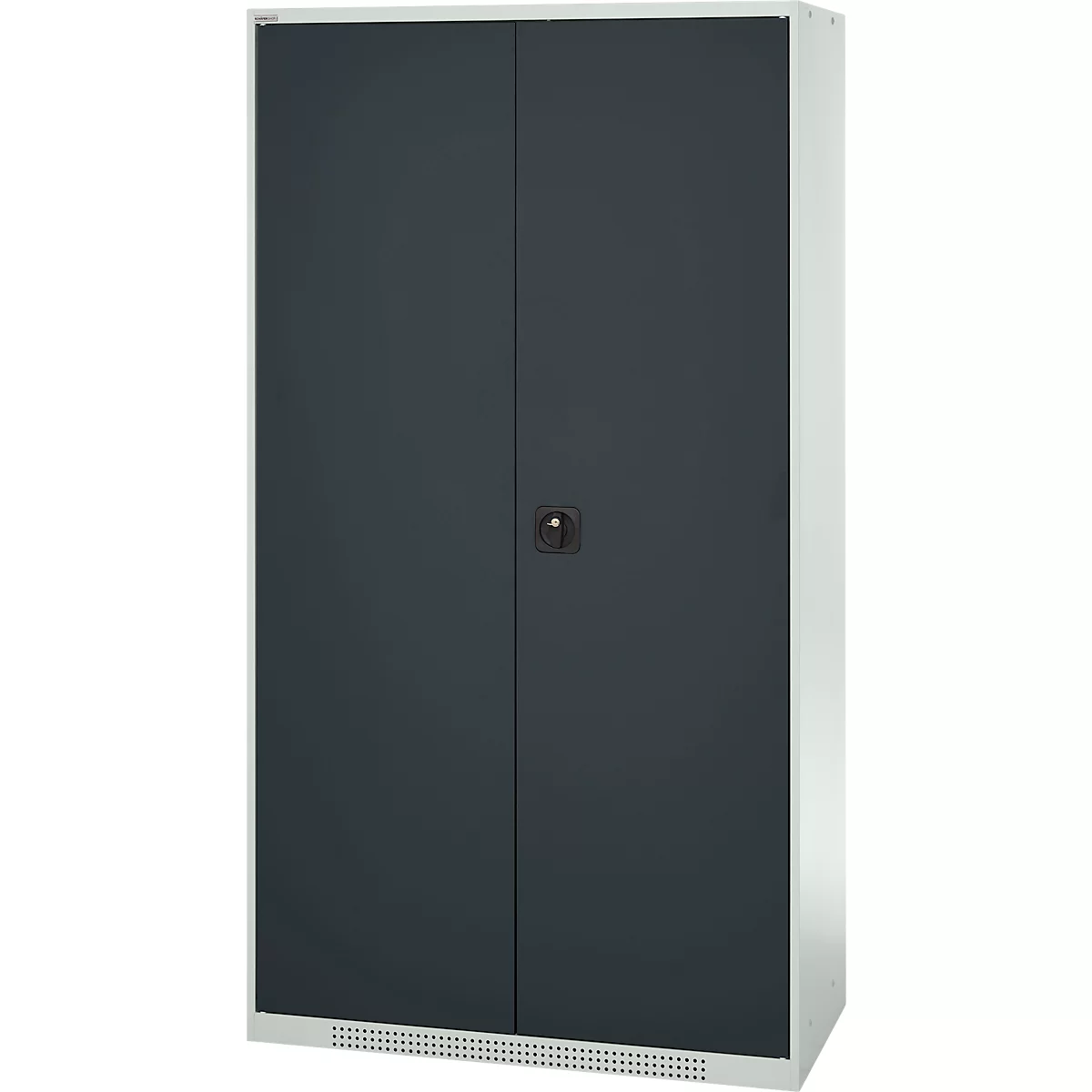 Dark grey cabinet with two doors and a black handle. The cabinet is in front of a white background.
