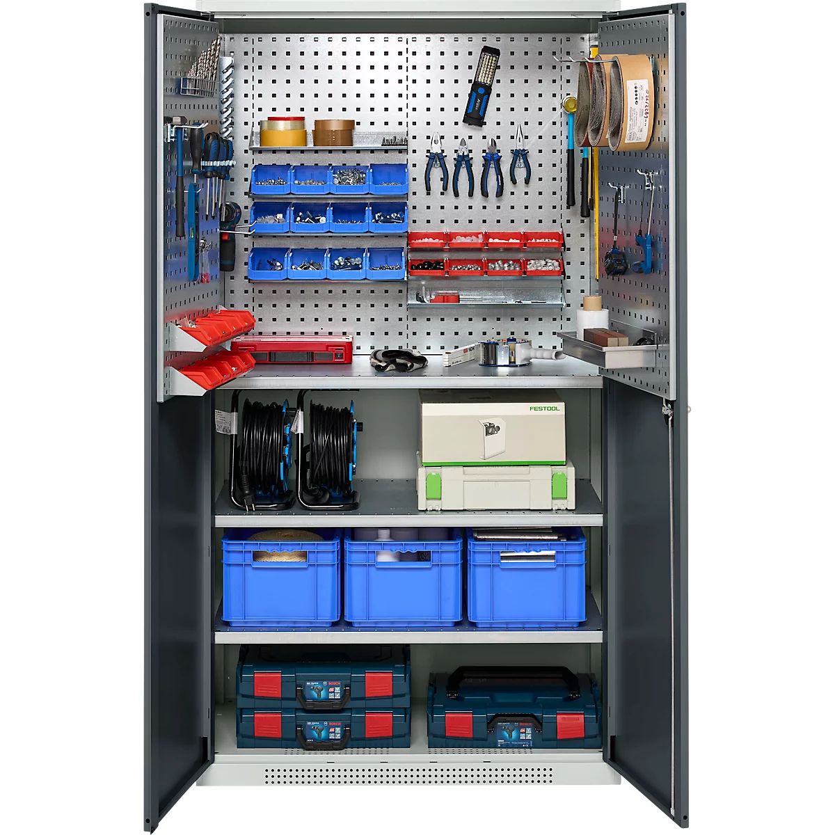 Open tool cabinet with tools. Inside: drilling tools, pliers, screws, blue boxes, cables. Open doors, gray body.