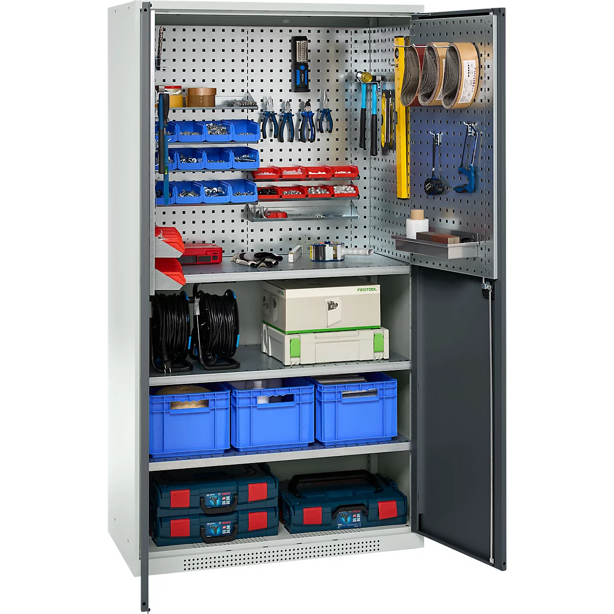 Tool cabinet with pegboard and open door, filled with tools, boxes, and accessories.