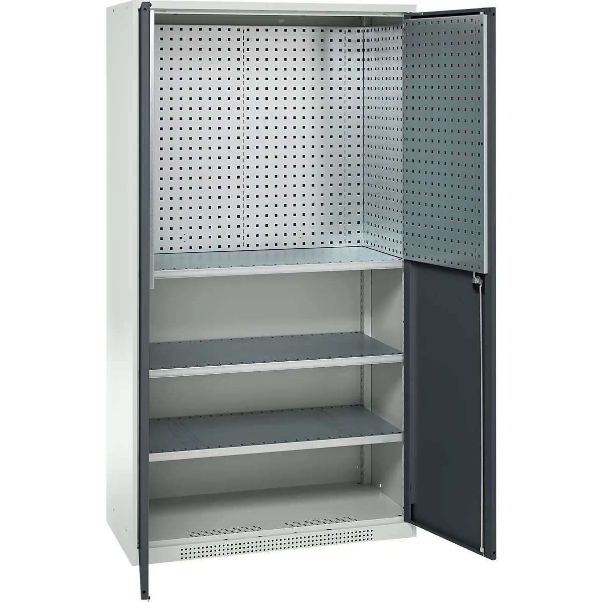 Gray tool cabinet with open door. Inside with pegboard and three shelves.