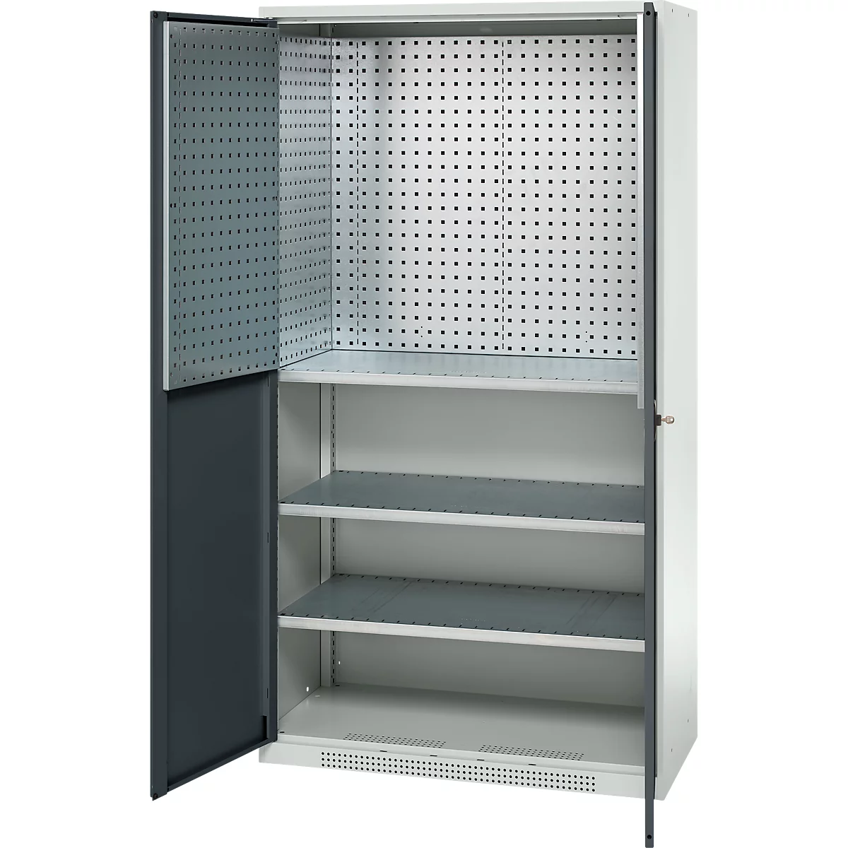 Open steel cabinet with perforated back panel and several shelves. One door is open.