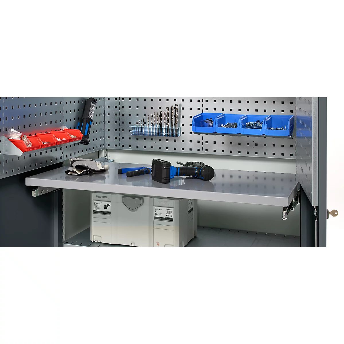 Tool cabinet with tools, drawer, blue containers, and drill bits. The cabinet is open.