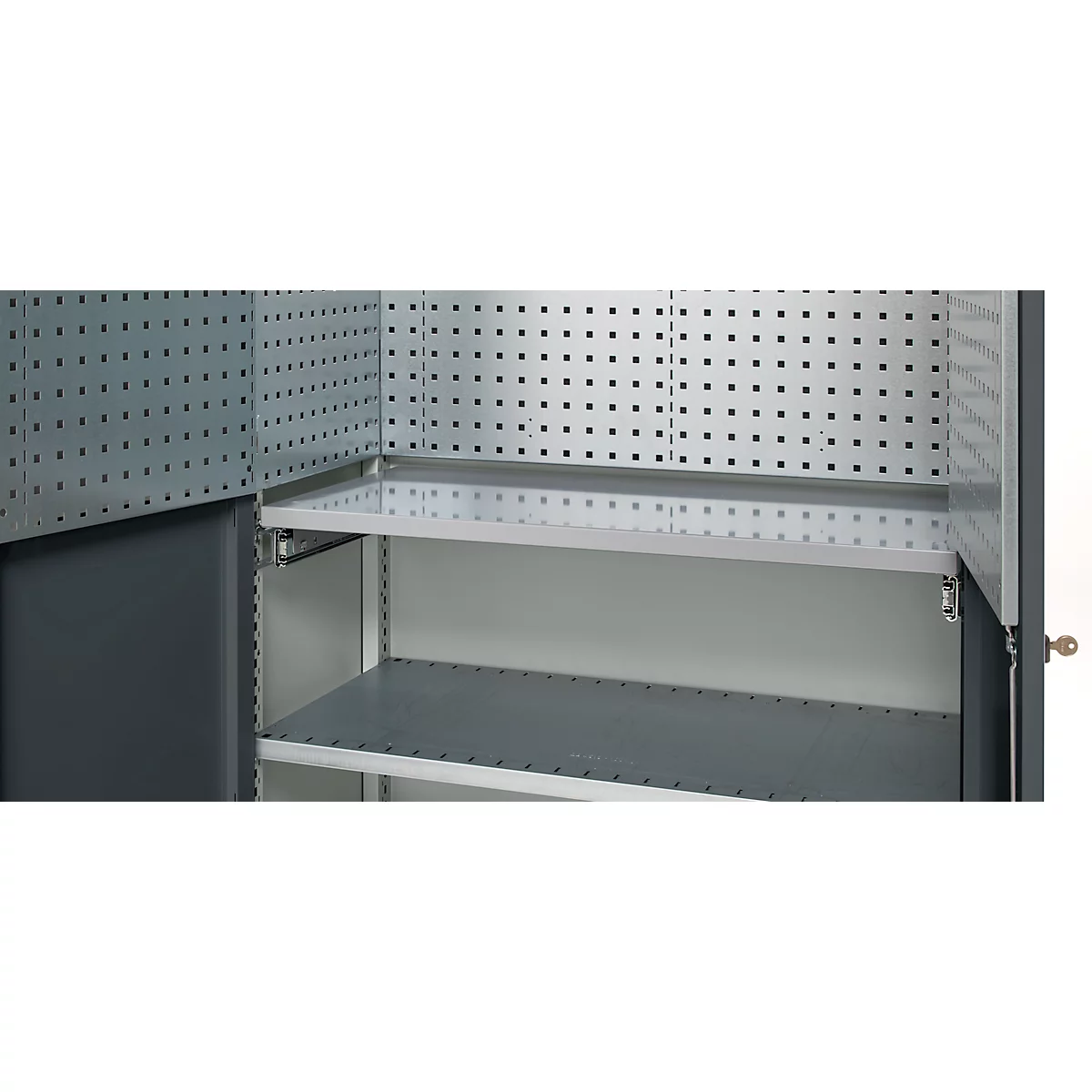 Interior view of a workshop cabinet with perforated back walls and shelves.