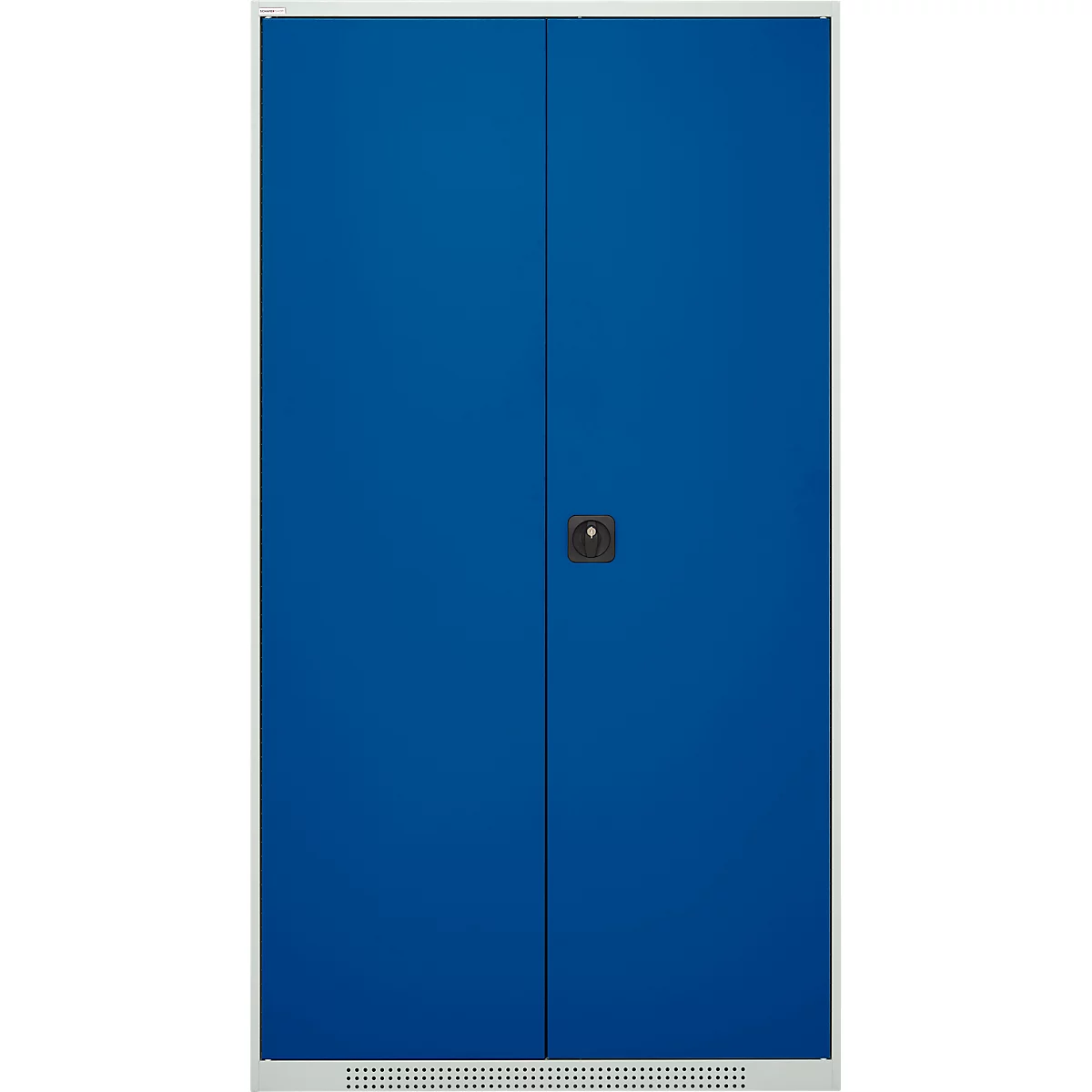 Blue locker with two doors and a small knob. The locker is surrounded by a white frame.