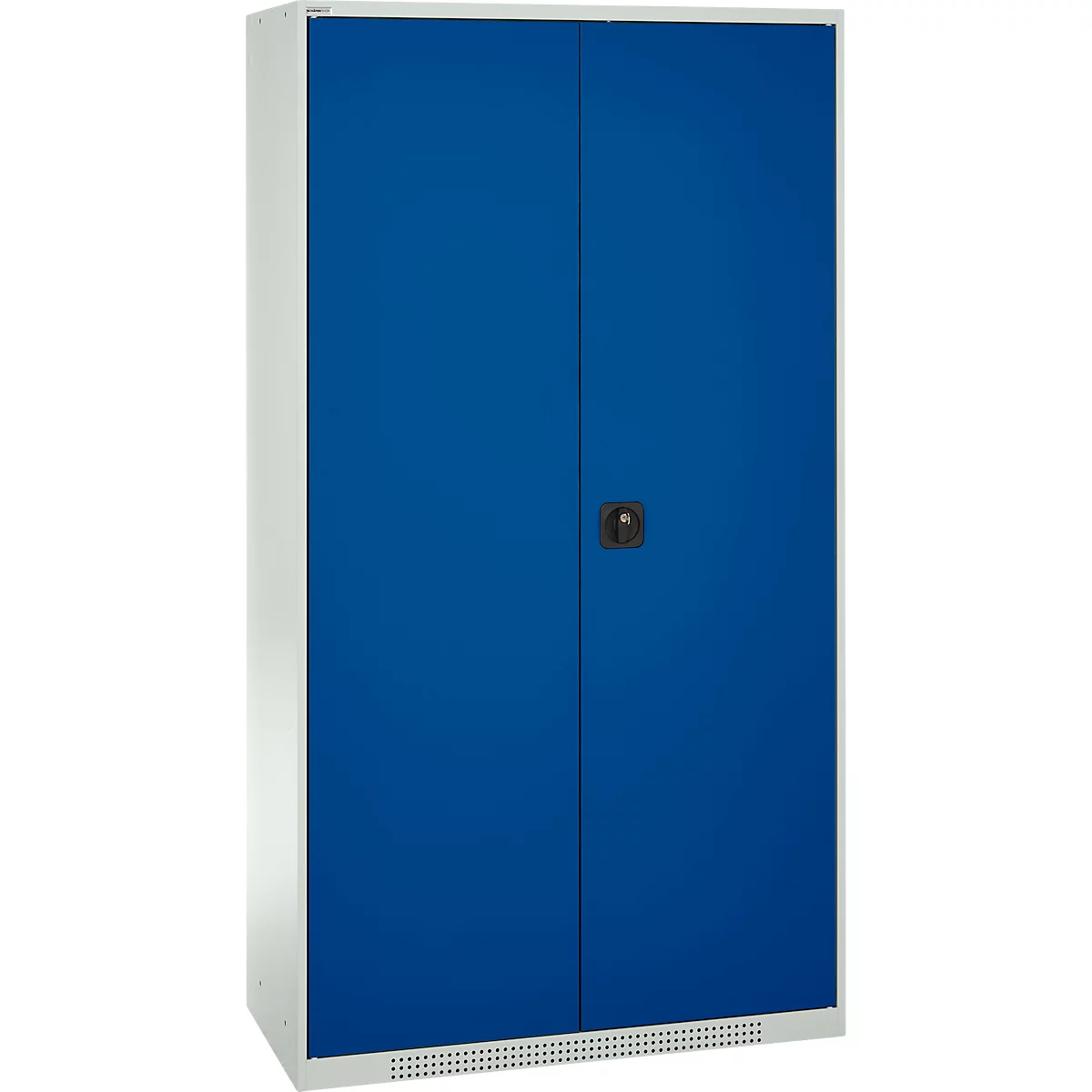 Blue steel cabinet with two doors. Black handle. White case. The cabinet stands in front of a light background.