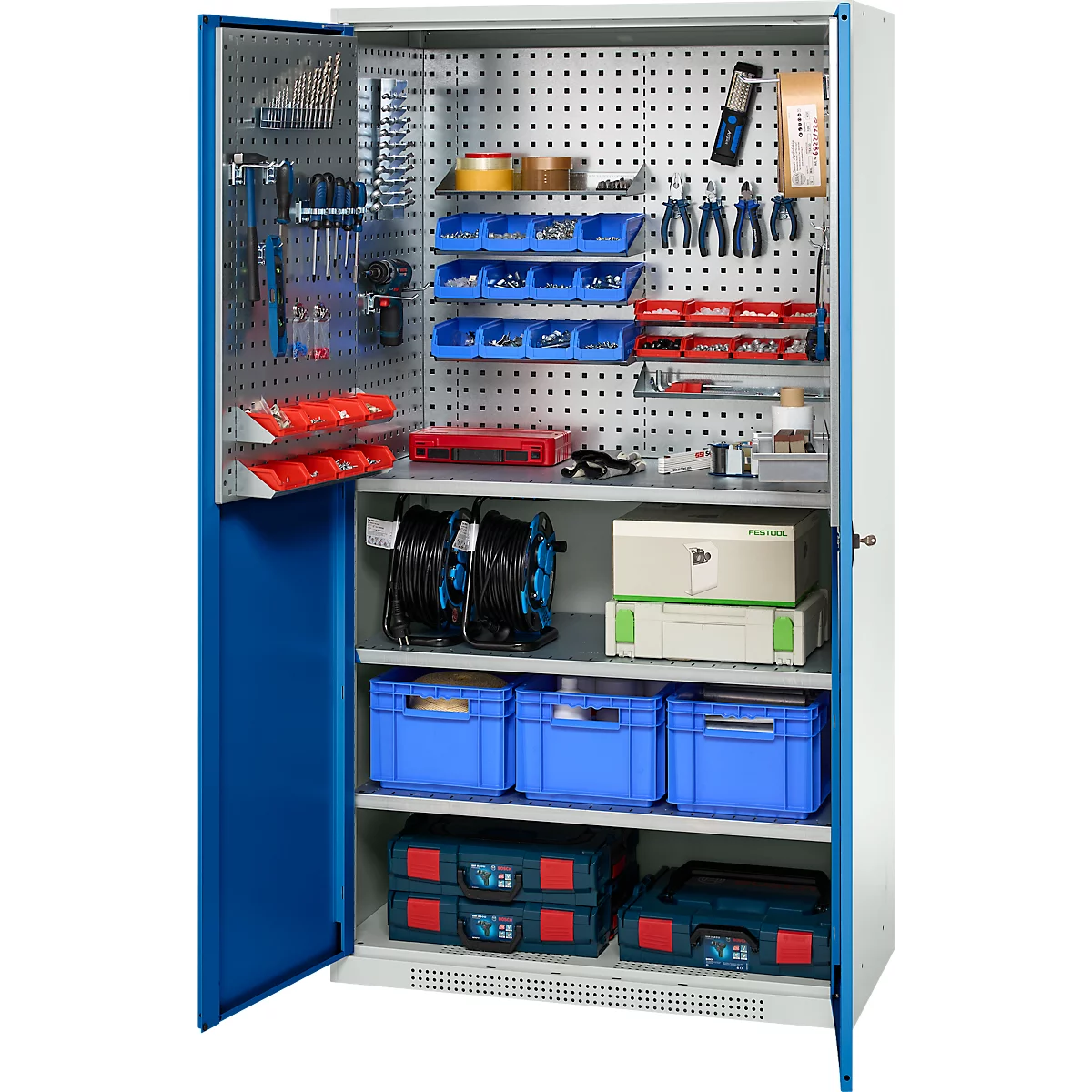 Tool cabinet with open doors filled with tools, screws and cables.