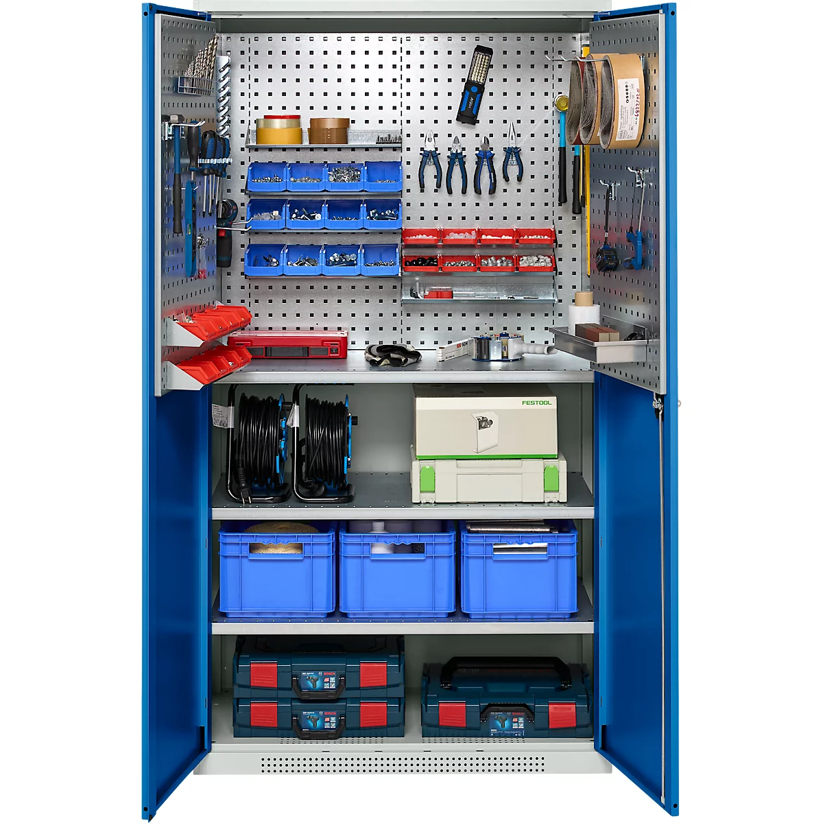 Open tool cabinet with many tools, boxes, tool boxes and accessories.