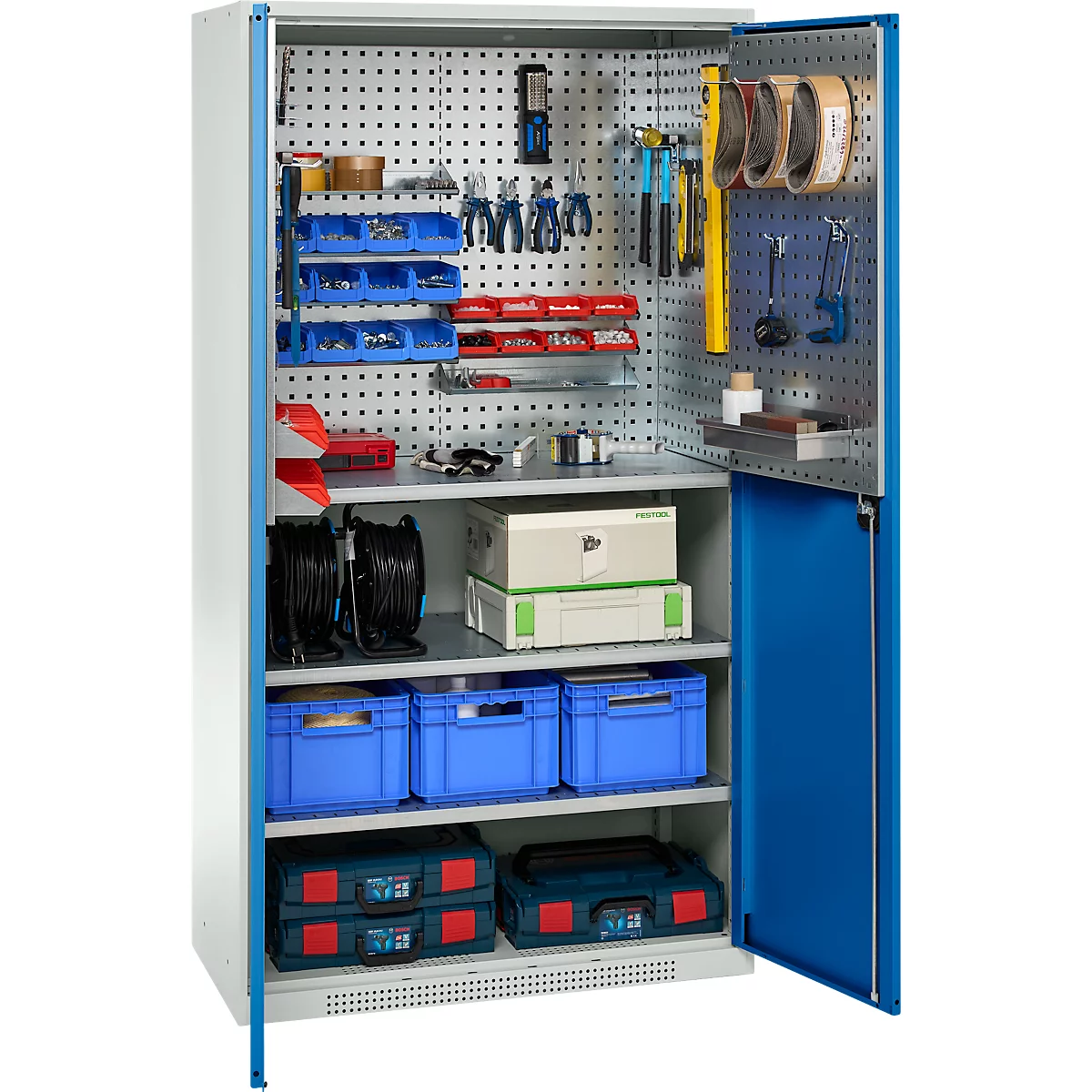 Tool cabinet, half open, filled with tools, boxes and toolboxes.