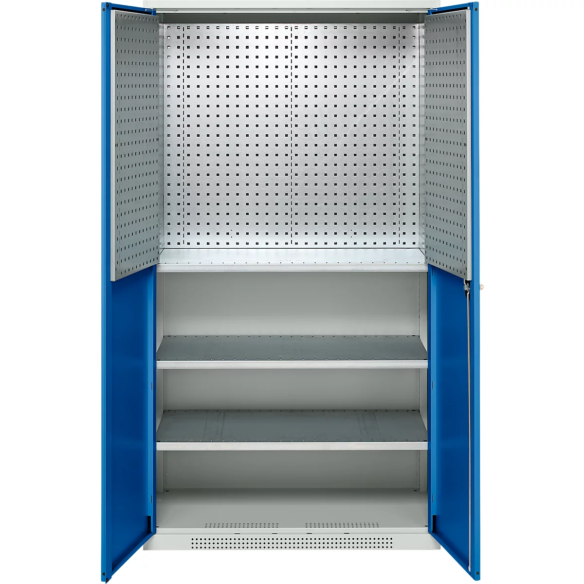 Open blue tool cabinet with pegboard and shelves.