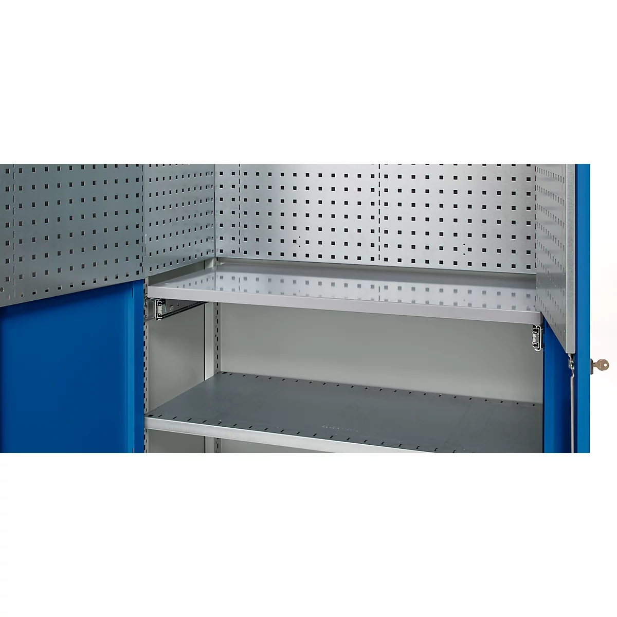 Open tool cabinet door with perforated panel and shelves. Blue exterior. Silver interior.