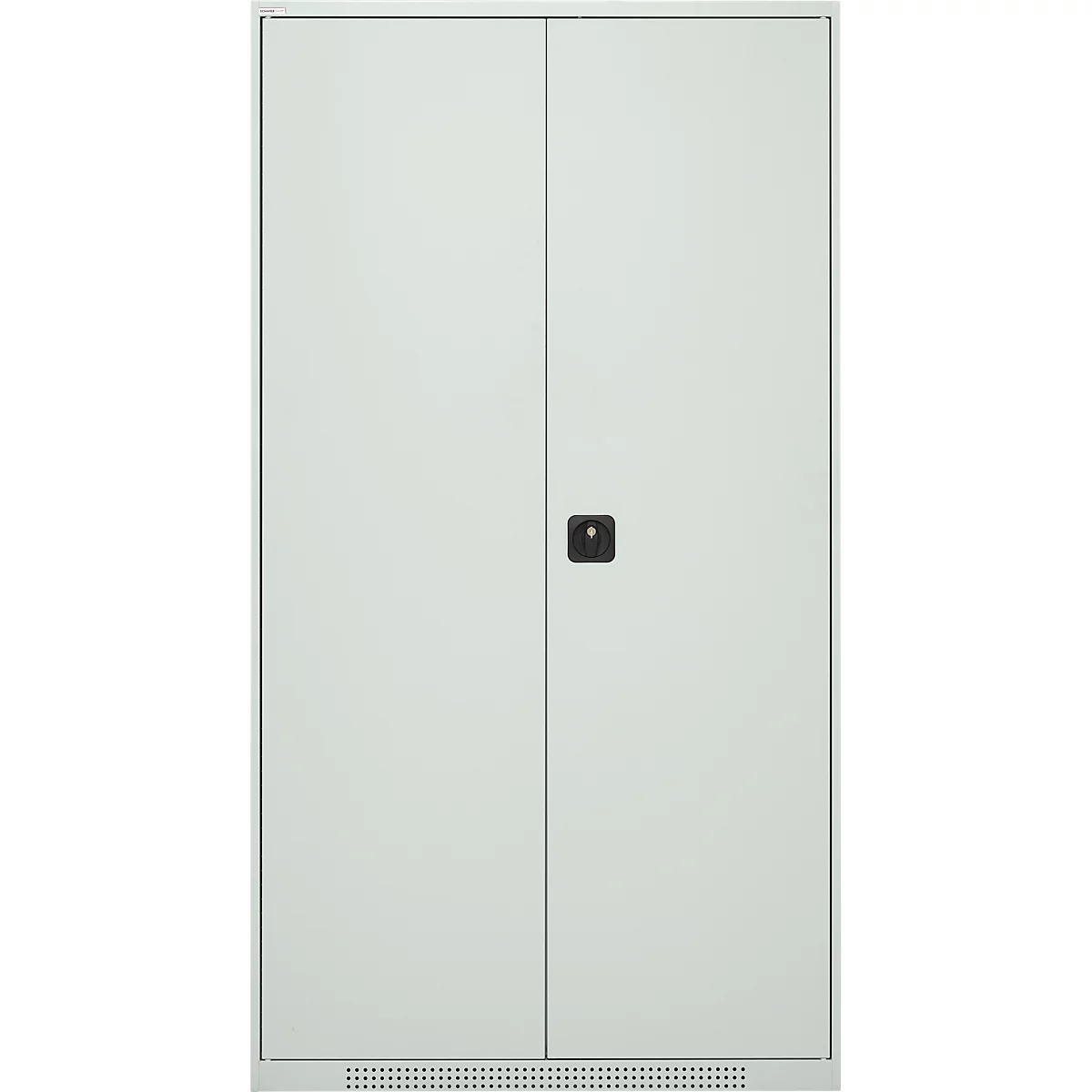 A white cabinet with two doors and a black handle. Ventilation holes are below.
