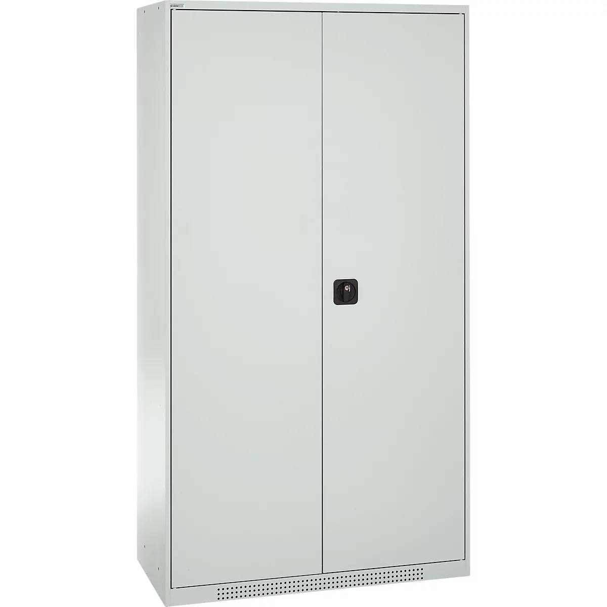 Gray metal cabinet with two doors and a black handle.