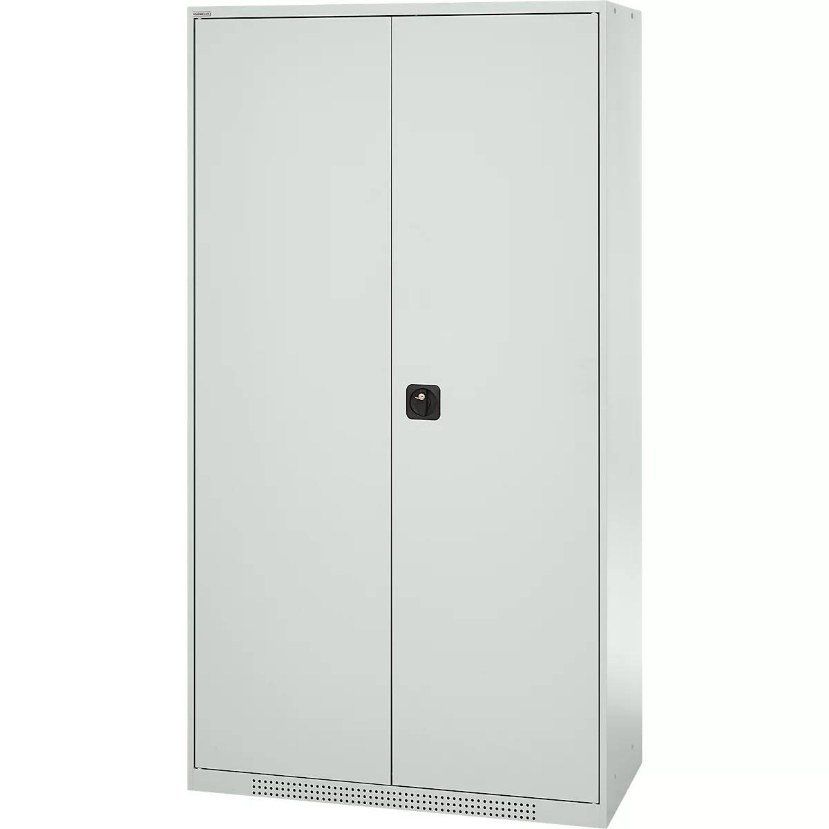 Grey steel cabinet with two doors, a black handle and ventilation slots at the bottom.
