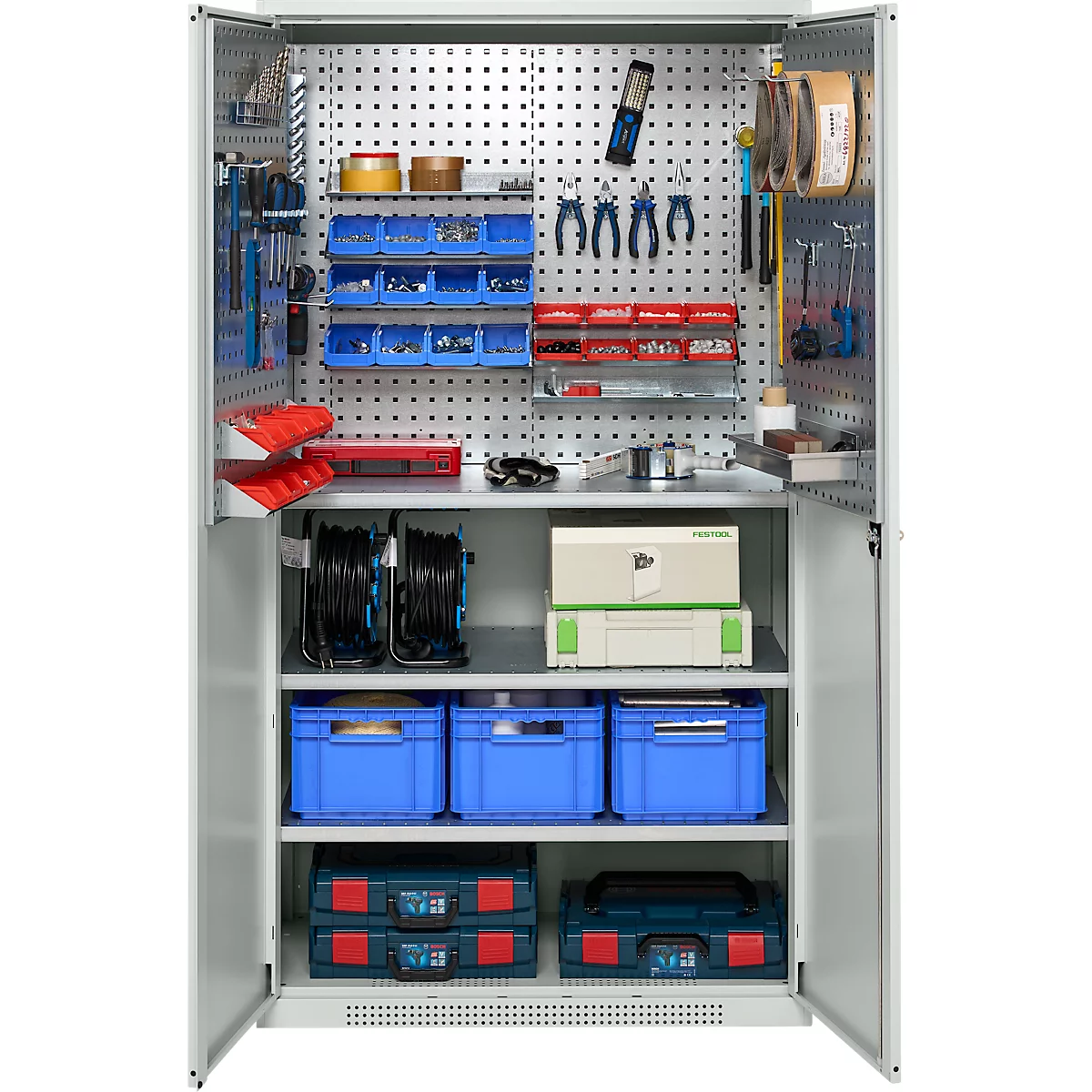 Open tool cabinet with tools and accessories, neatly arranged.