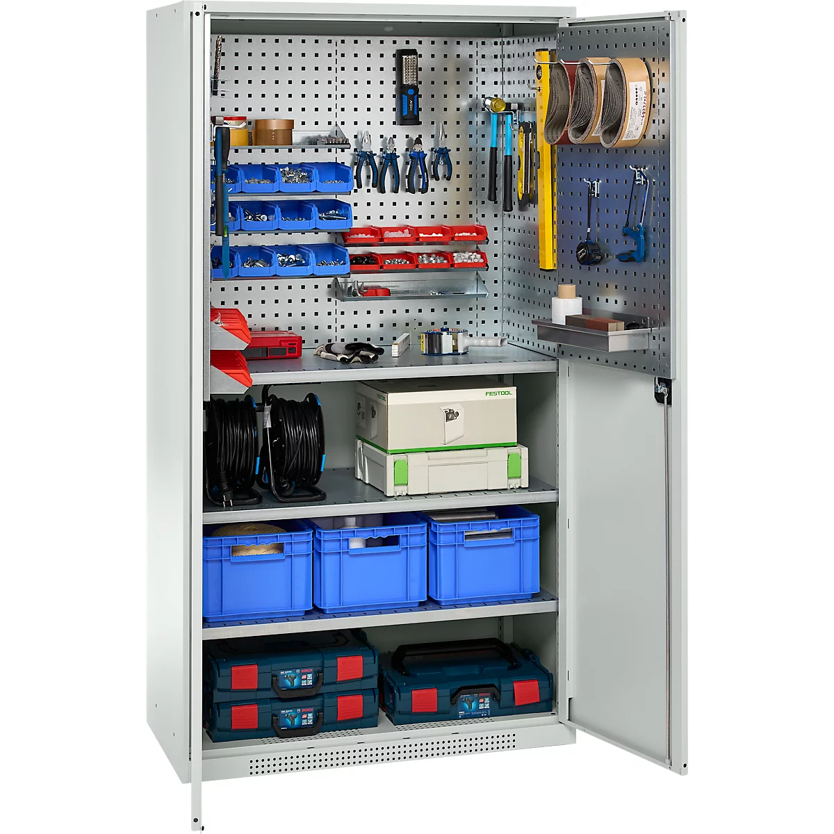 Open tool cabinet with tools and accessories. Blue boxes, tool boxes, cables and various tools attached to perforated walls.