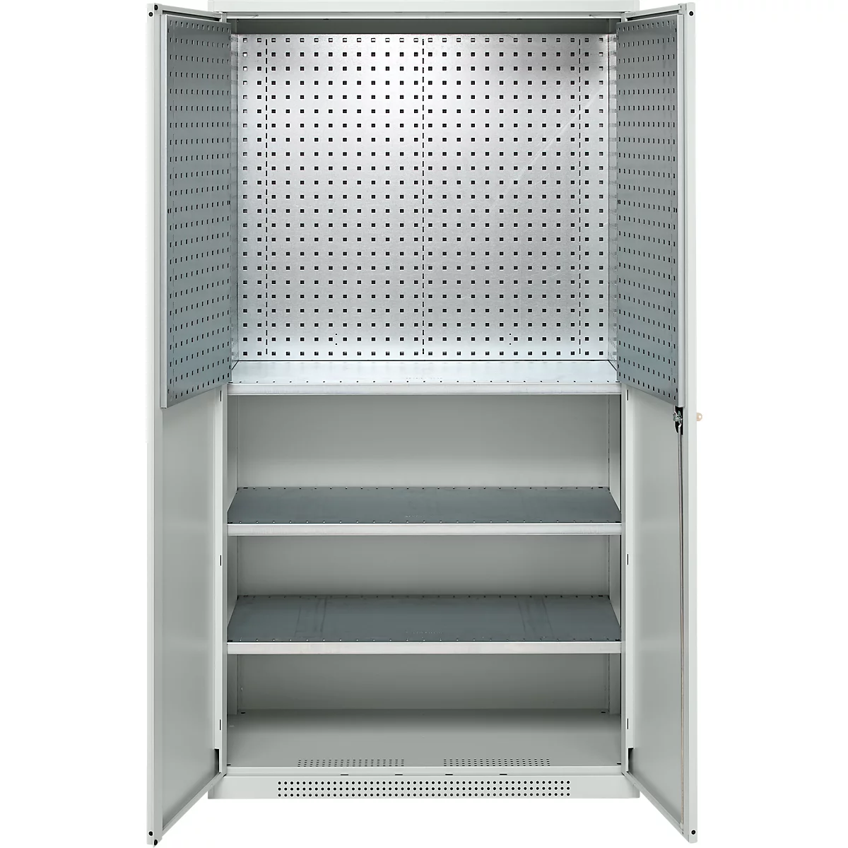 Open white tool cabinet with pegboard and three shelves. The doors are open.